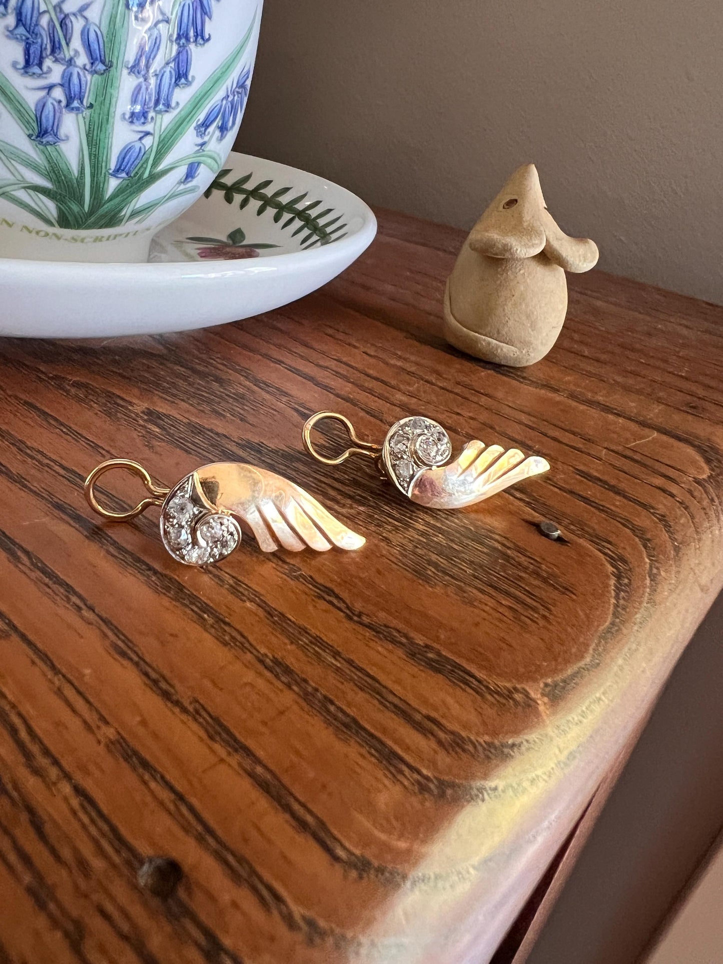 WINGED Fabulous 1 Carat 1 Ctw. Art Deco French Old Mine Cut DIAMOND Earrings 18k Gold Figural Swirl Antique Vintage Climber Crawler Chunky
