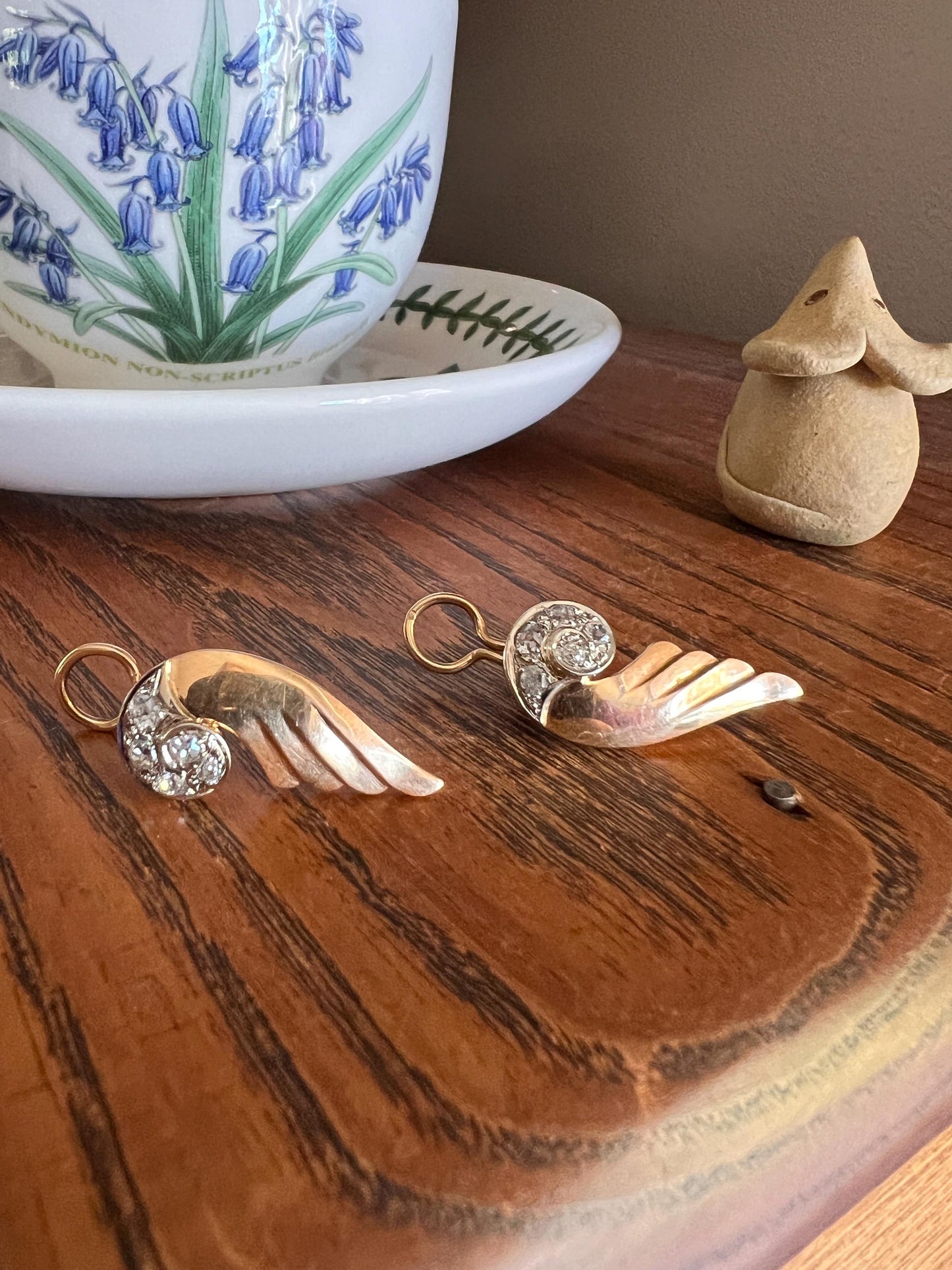 WINGED Fabulous 1 Carat 1 Ctw. Art Deco French Old Mine Cut DIAMOND Earrings 18k Gold Figural Swirl Antique Vintage Climber Crawler Chunky