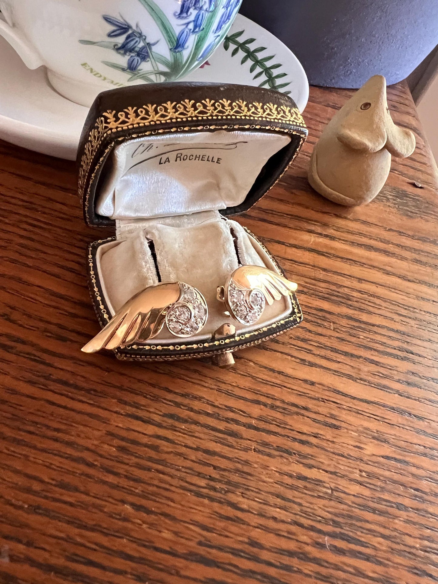 WINGED Fabulous 1 Carat 1 Ctw. Art Deco French Old Mine Cut DIAMOND Earrings 18k Gold Figural Swirl Antique Vintage Climber Crawler Chunky