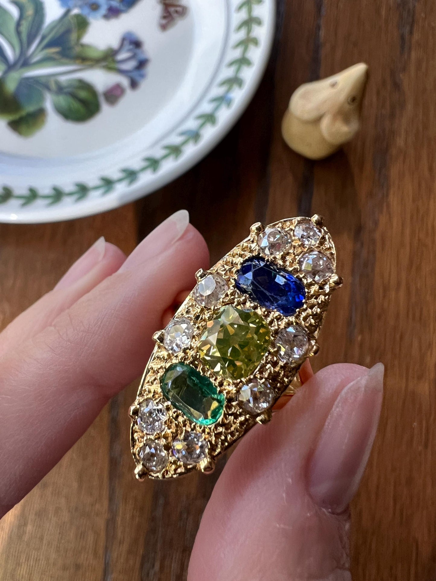 Unique French Vintage Navette Ring 1.25 Carat Antique Eye Clean Fancy Intense Greenish YELLOW Old Mine Cut DIAMOND 2.35 Tdw Emerald Sapphire