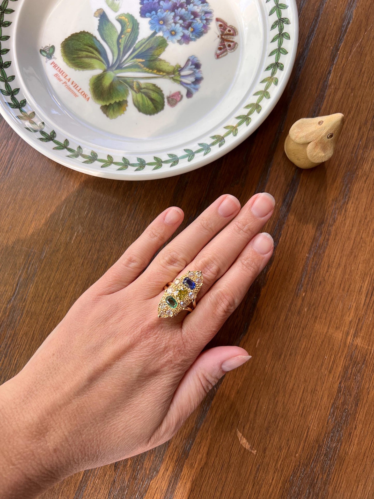 Unique French Vintage Navette Ring 1.25 Carat Antique Eye Clean Fancy Intense Greenish YELLOW Old Mine Cut DIAMOND 2.35 Tdw Emerald Sapphire