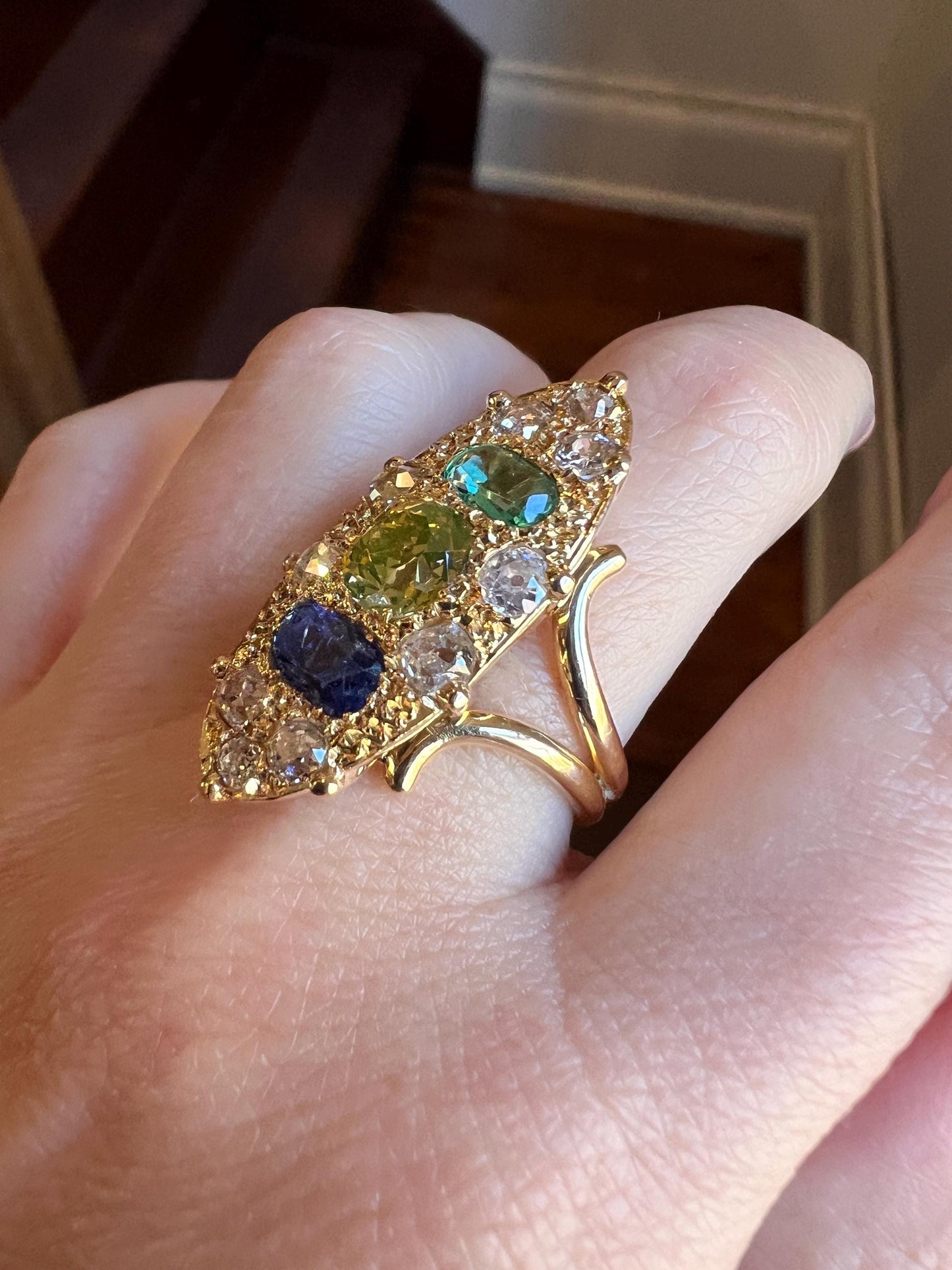 Unique French Vintage Navette Ring 1.25 Carat Antique Eye Clean Fancy Intense Greenish YELLOW Old Mine Cut DIAMOND 2.35 Tdw Emerald Sapphire