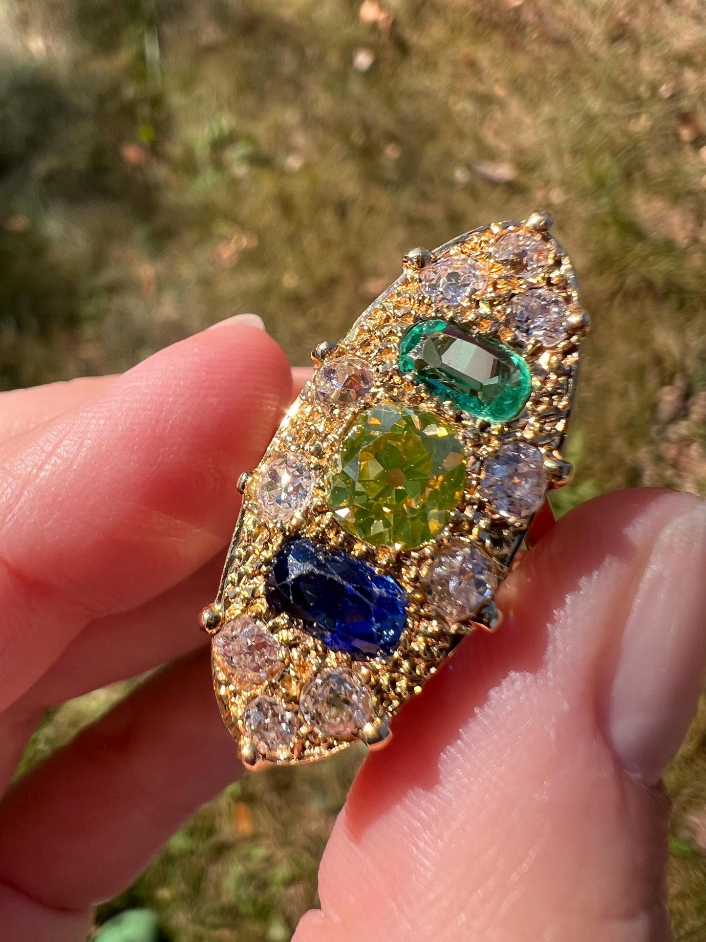 Unique French Vintage Navette Ring 1.25 Carat Antique Eye Clean Fancy Intense Greenish YELLOW Old Mine Cut DIAMOND 2.35 Tdw Emerald Sapphire