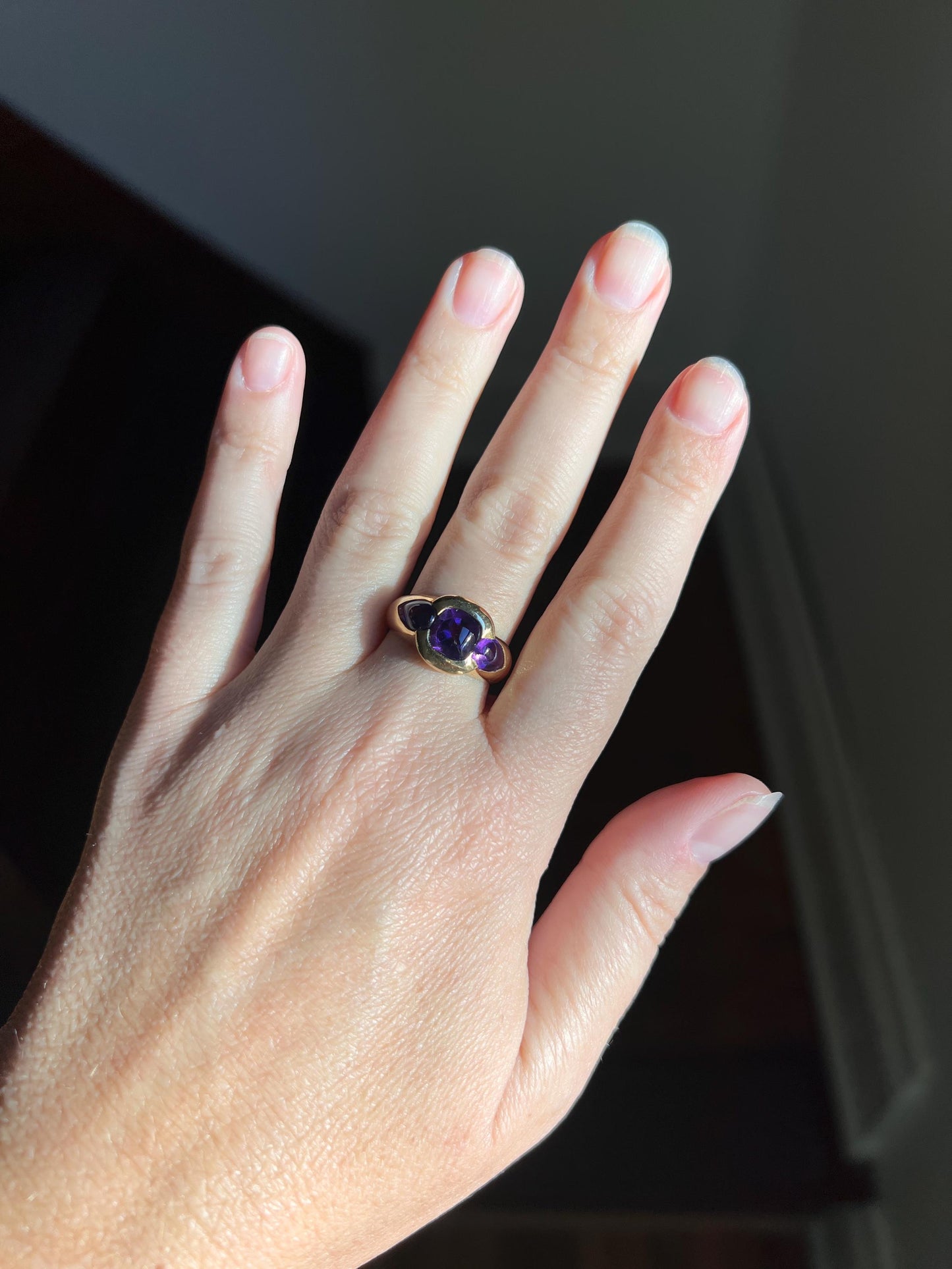GUMDROPS Vintage Purple Amethyst Three Stone Gypsy Ring 18k Gold French Glowing Cabochon Wide Band Chunky Domed Stacker Retro Ringstack