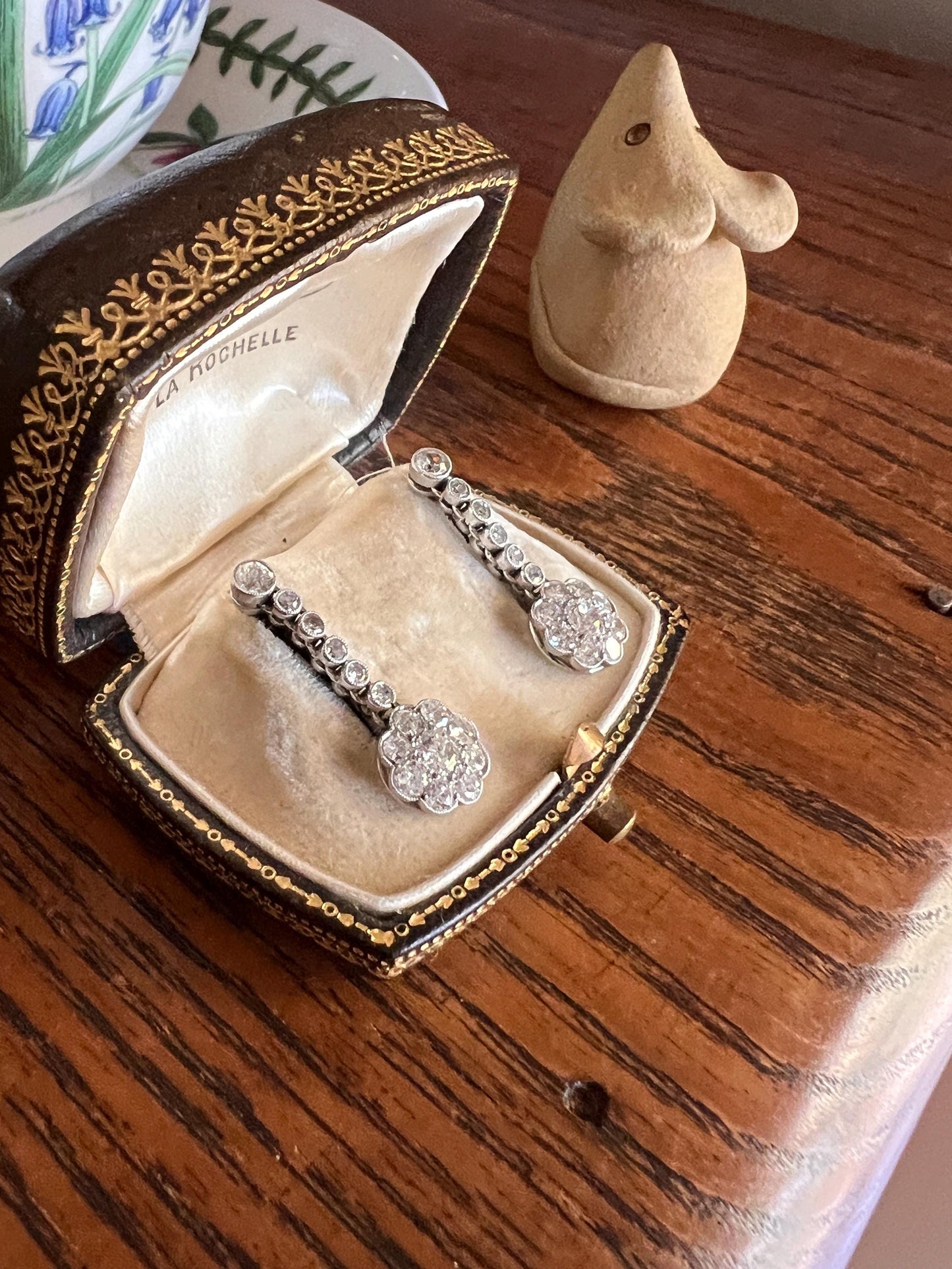 French Antique 1.3 Carat Old Mine Transitional Cut DIAMOND Daisy Cluster Dangle Earrings 18k Gold Platinum Drop Bridal Something Old OmC