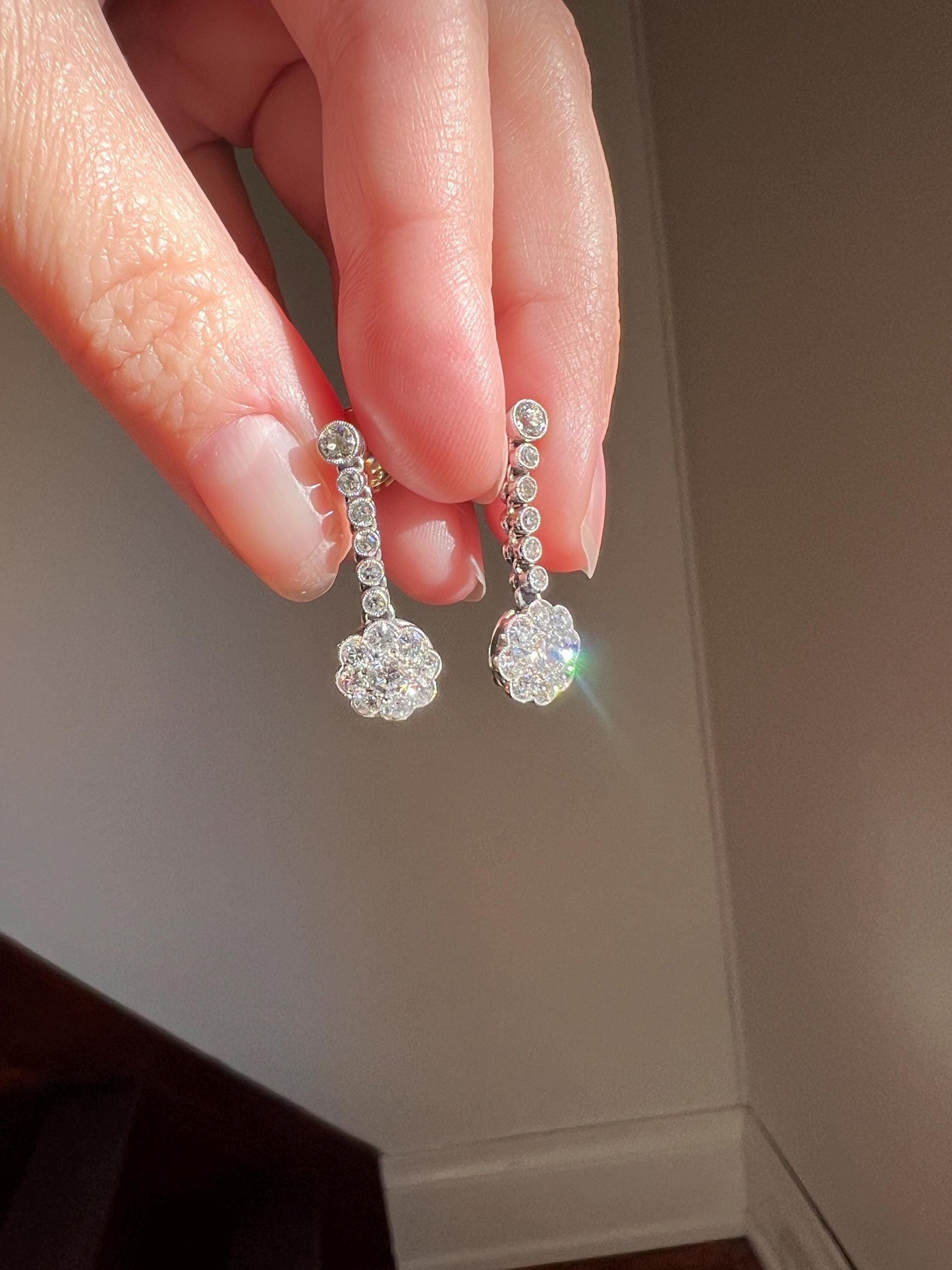 French Antique 1.3 Carat Old Mine Transitional Cut DIAMOND Daisy Cluster Dangle Earrings 18k Gold Platinum Drop Bridal Something Old OmC