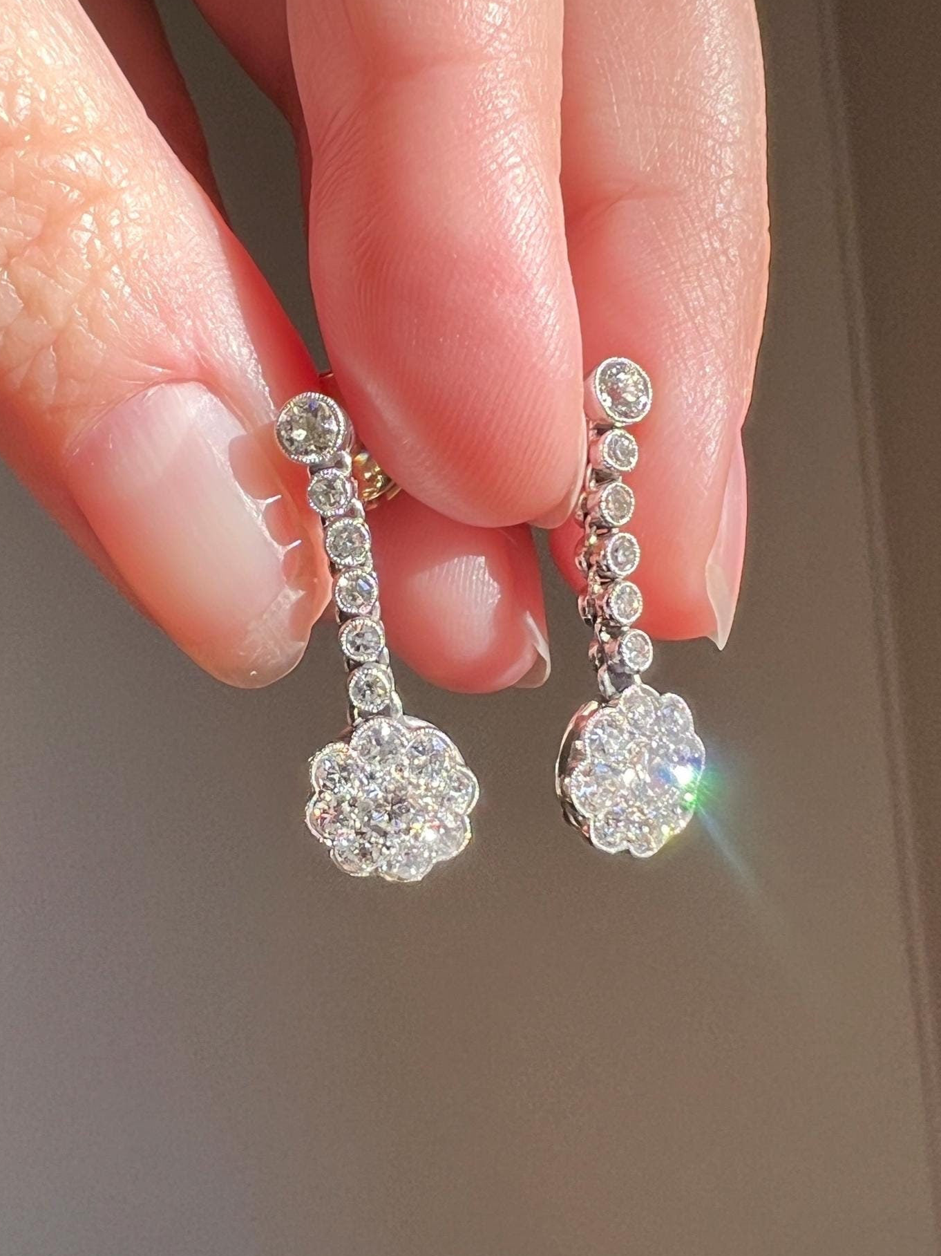 French Antique 1.3 Carat Old Mine Transitional Cut DIAMOND Daisy Cluster Dangle Earrings 18k Gold Platinum