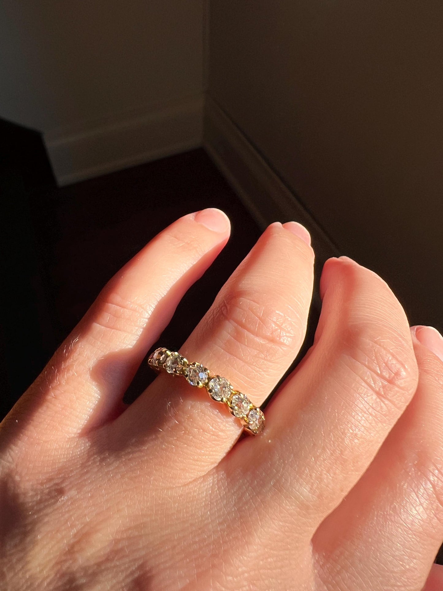 French Antique 18k Gold 1 CARAT Nine Stone Old Mine Cut DIAMOND Ring Skinny Half Hoop Wedding Band Stacker Victorian Romantic Gift 1Ctw. OmC