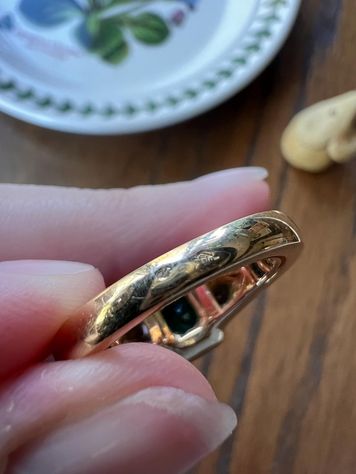 Vintage .85 Ct Trillion Cut Diamond Green Octagonal EMERALD Art Deco Three Stone Gypsy Ring HEAVY French 18k Gold Wide Band Natural Triangle