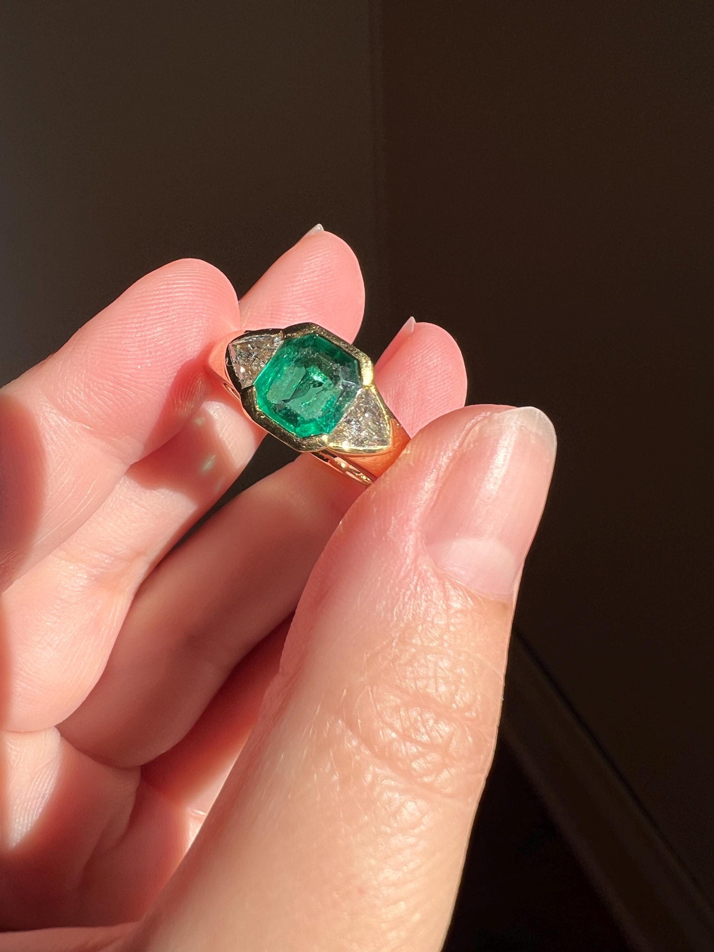Vintage .85 Ct Trillion Cut Diamond Green Octagonal EMERALD Art Deco Three Stone Gypsy Ring HEAVY French 18k Gold Wide Band Natural Triangle