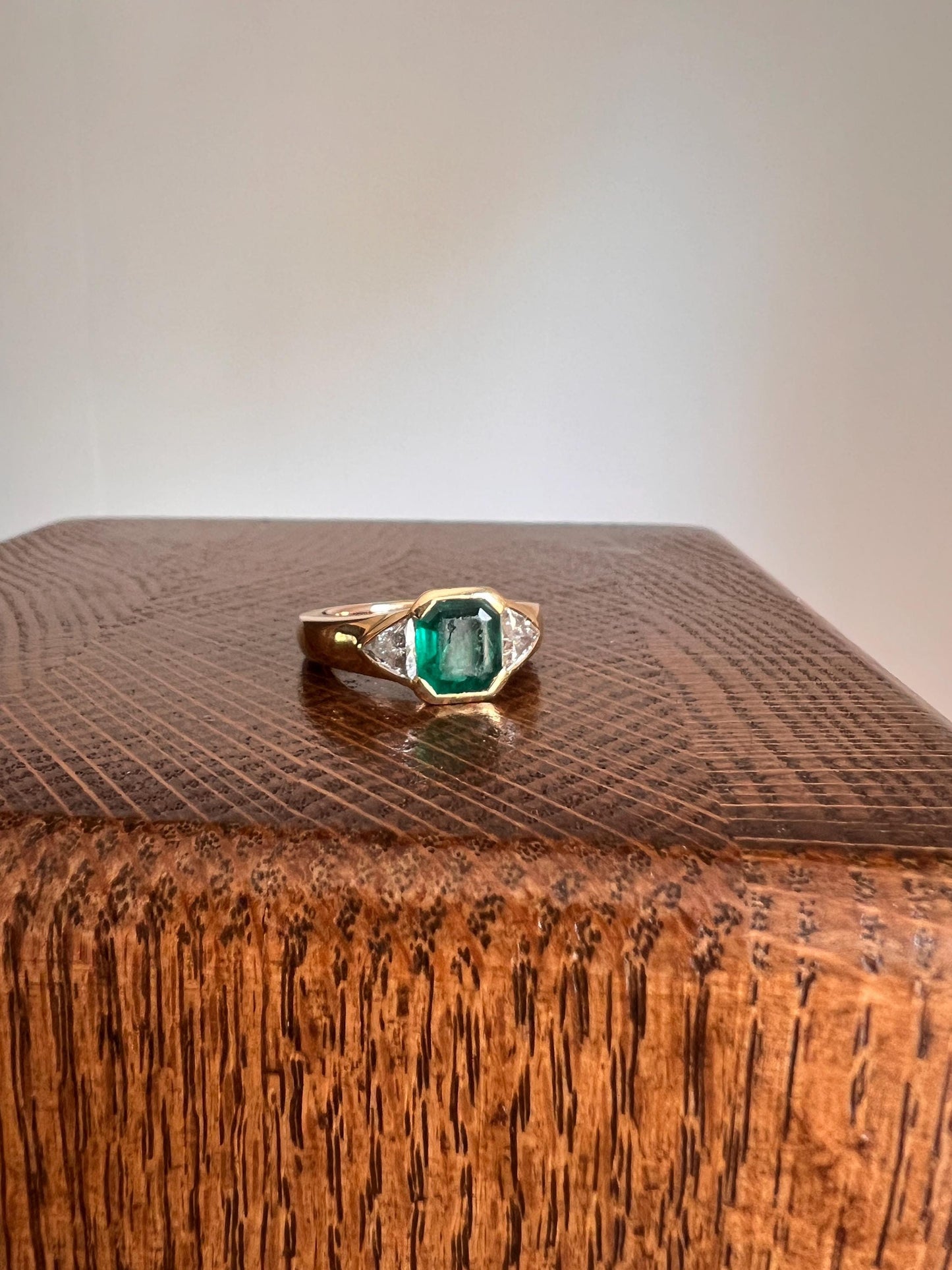 Vintage .85 Ct Trillion Cut Diamond Green Octagonal EMERALD Art Deco Three Stone Gypsy Ring HEAVY French 18k Gold Wide Band Natural Triangle