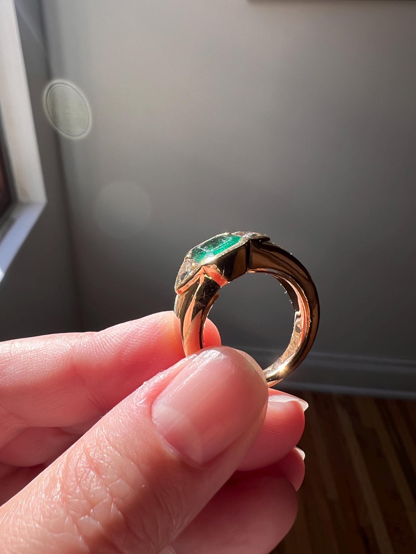 Vintage .85 Ct Trillion Cut Diamond Green Octagonal EMERALD Art Deco Three Stone Gypsy Ring HEAVY French 18k Gold Wide Band Natural Triangle