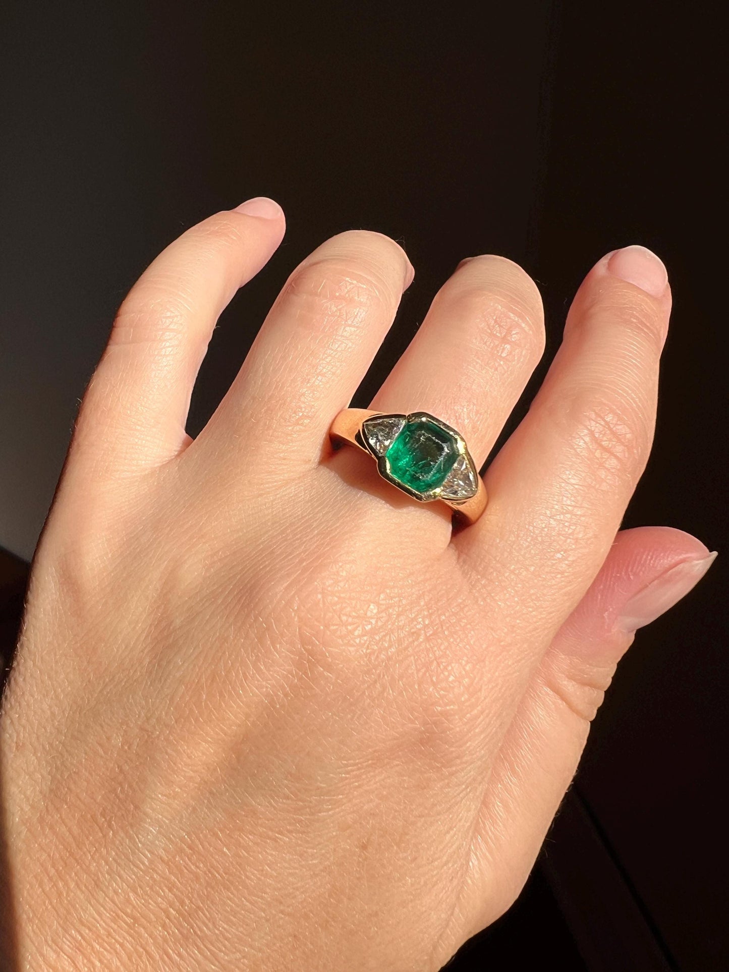 Vintage .85 Ct Trillion Cut Diamond Green Octagonal EMERALD Art Deco Three Stone Gypsy Ring HEAVY French 18k Gold Wide Band Natural Triangle