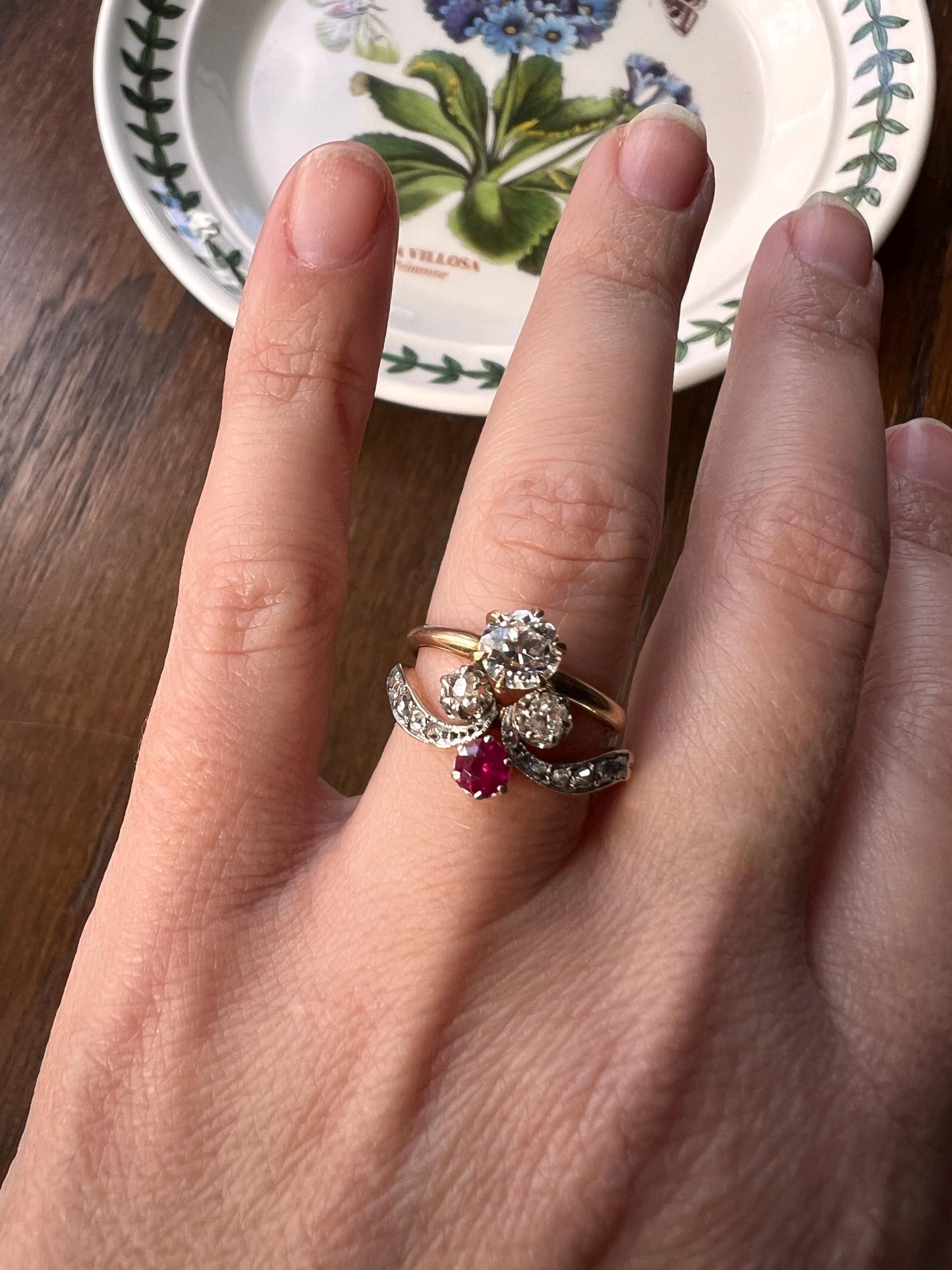 RUBY Old Mine Rose Cut DIAMOND French Belle Epoque Antique TIARA Ring 18k Gold Scroll Swirl Stacker Art Nouveau Romantic Gift Duchess OmC