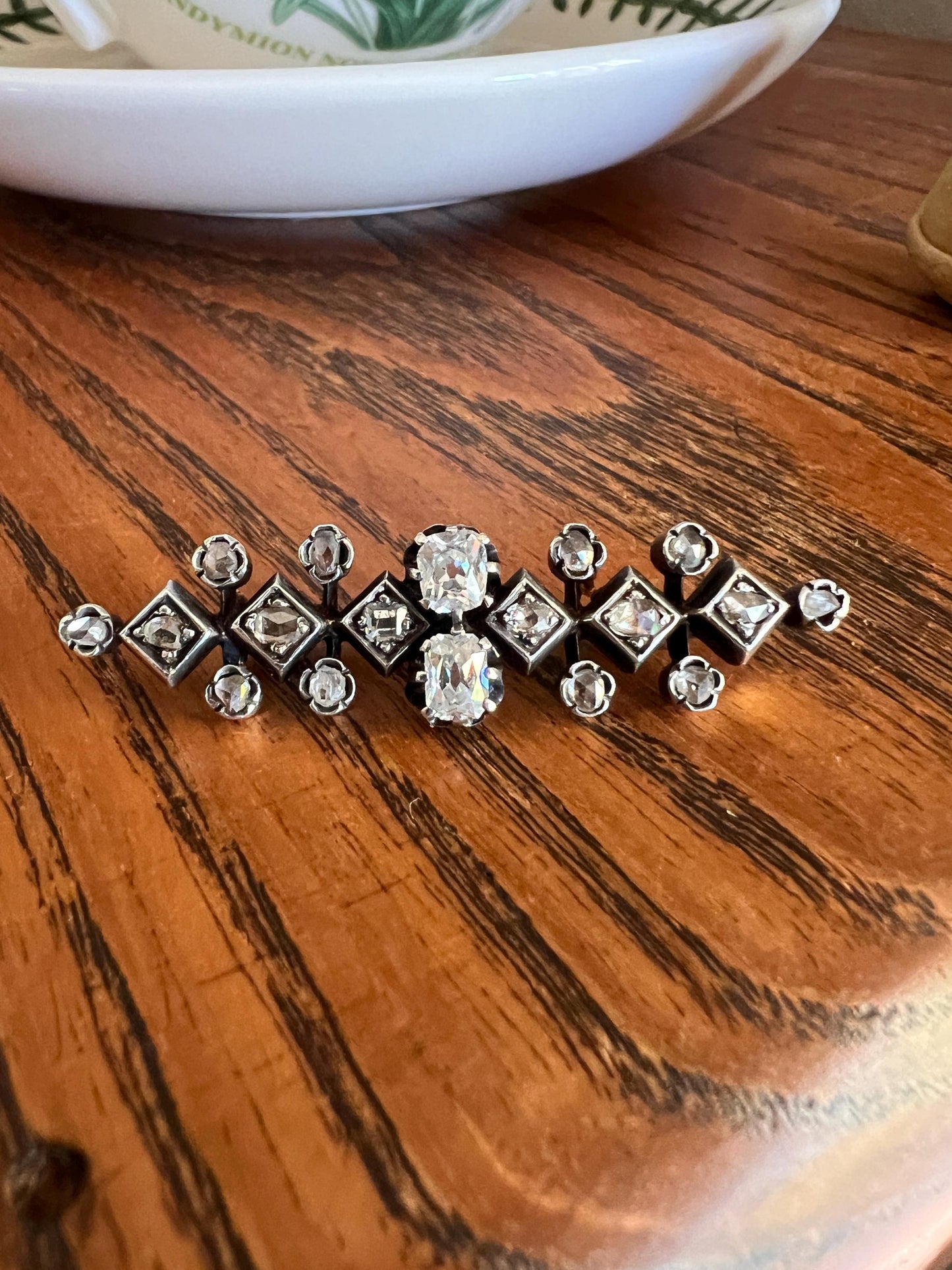 Antique 1.4 Carat Diamond Special RECTANGULAR Old Mine & Table, Rose Cut Georgian Geometric 18k Gold Silver Solid Brooch / Pendant Connector