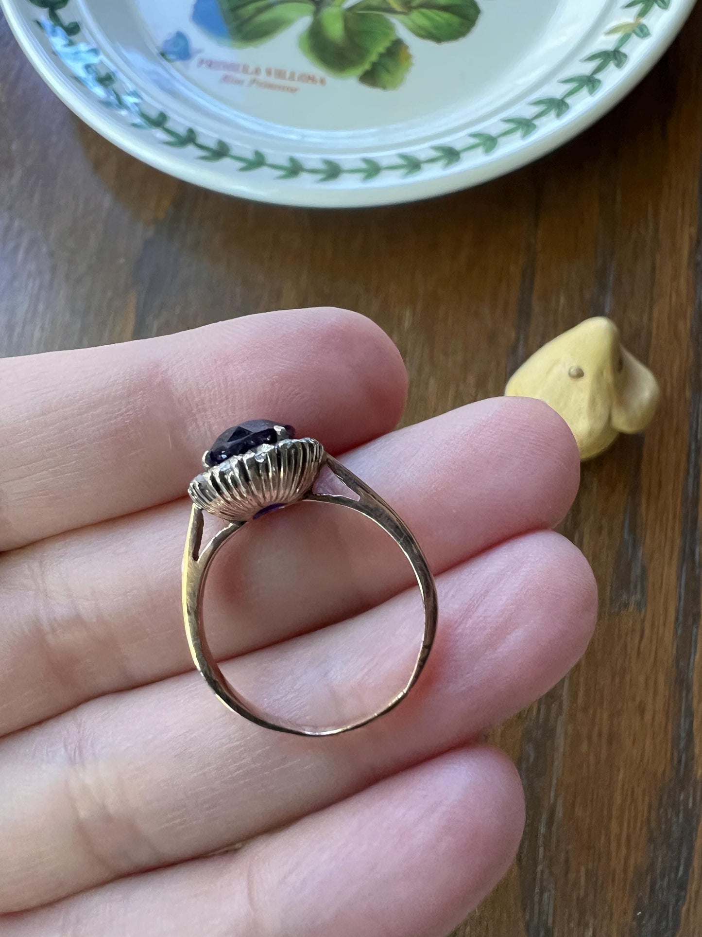 Antique Deep Purple AMETHYST White Topaz HALO Ring 9k Rose Gold Scalloped Ring Butt