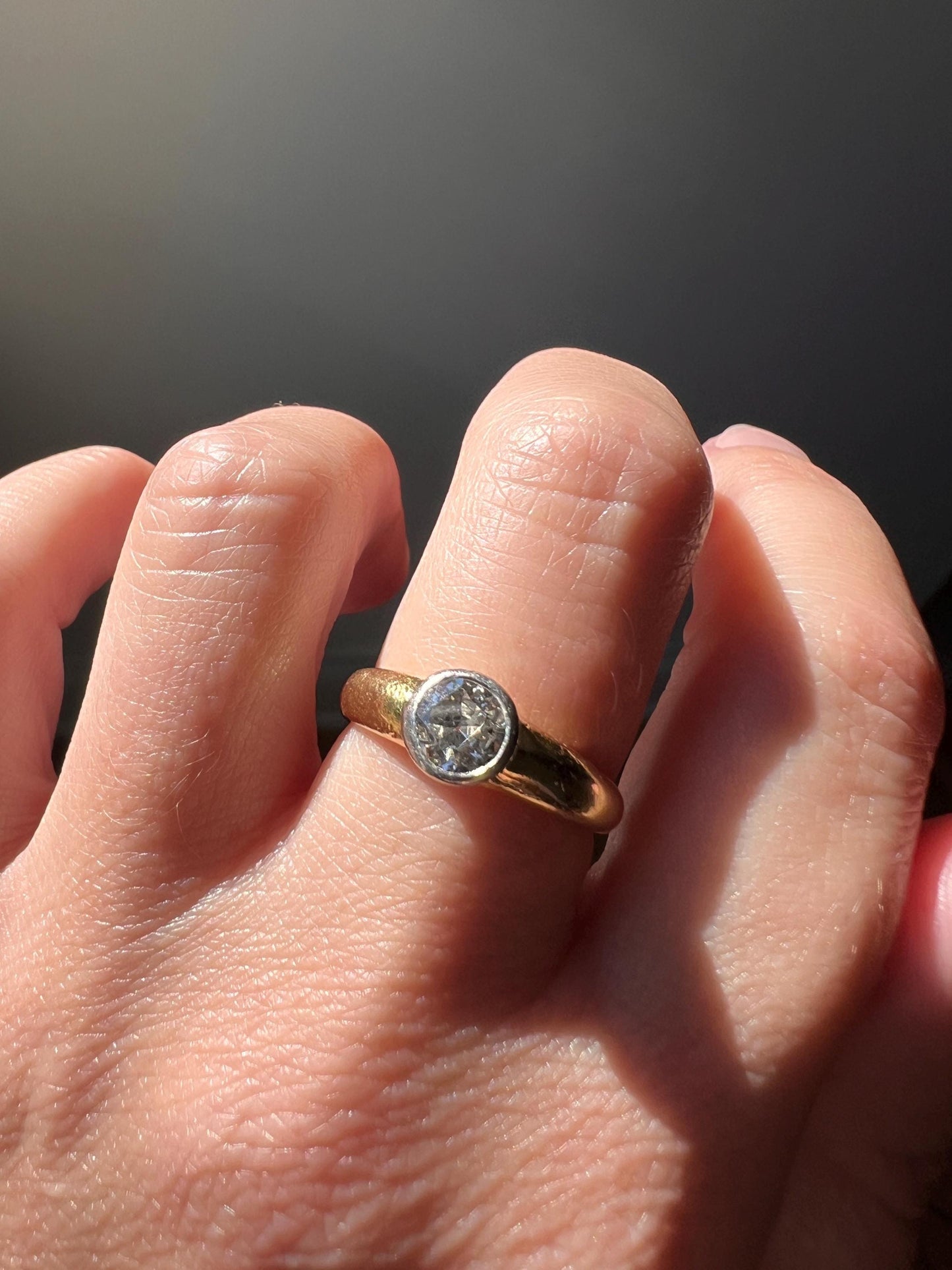Vintage .6 Carat Antique Old Mine Cut DIAMOND Bezel Set Ring Stacker Band 18k Gold Solitaire Geometric Engagement Romantic Gift .6Ctw OmC