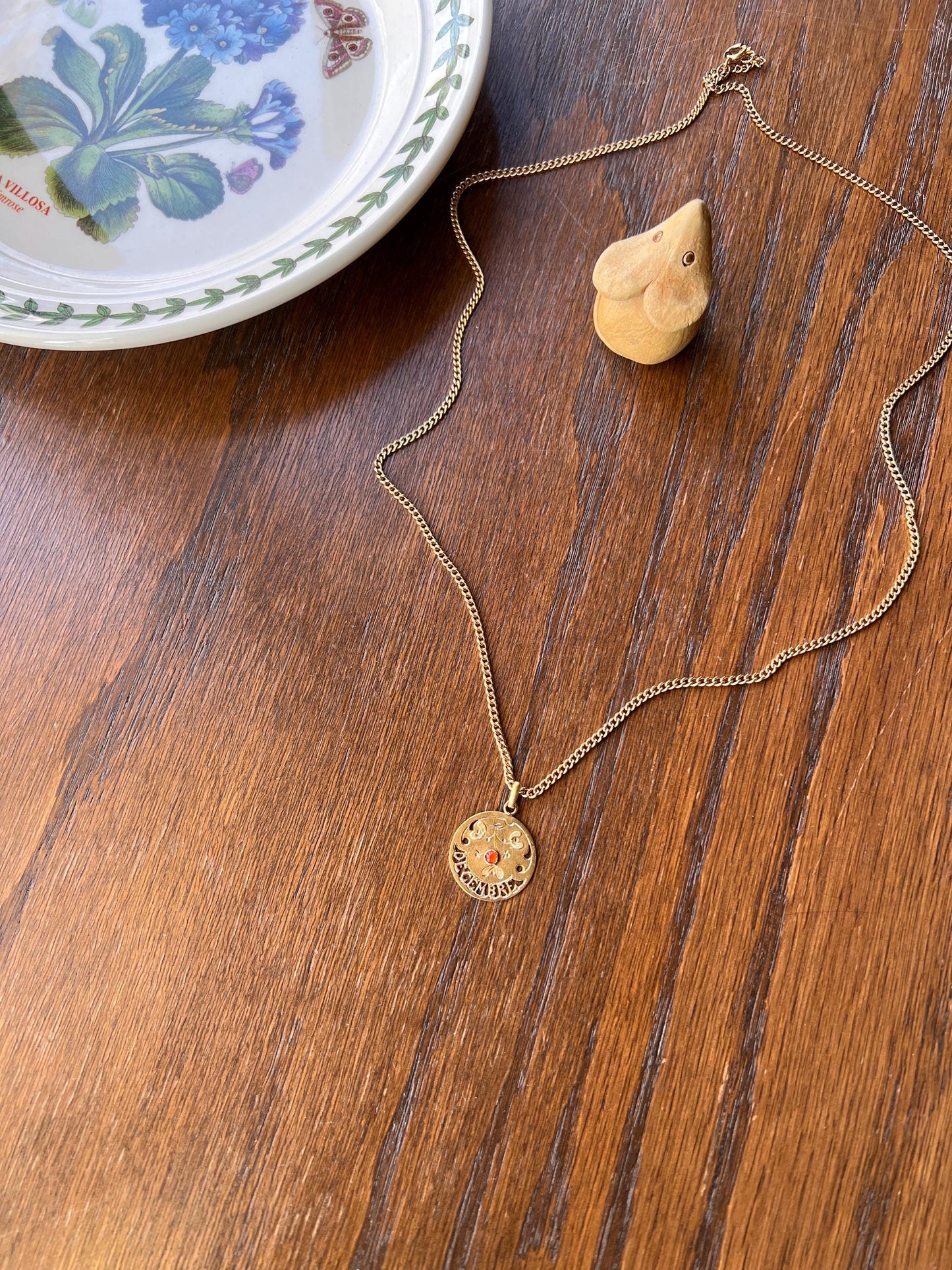 DECEMBER Floral MISTLETOE French Antique Birthday Month 18k Gold Pendant Paste Garnet Belle Epoque Love Token Medal Christmas Holiday Gift