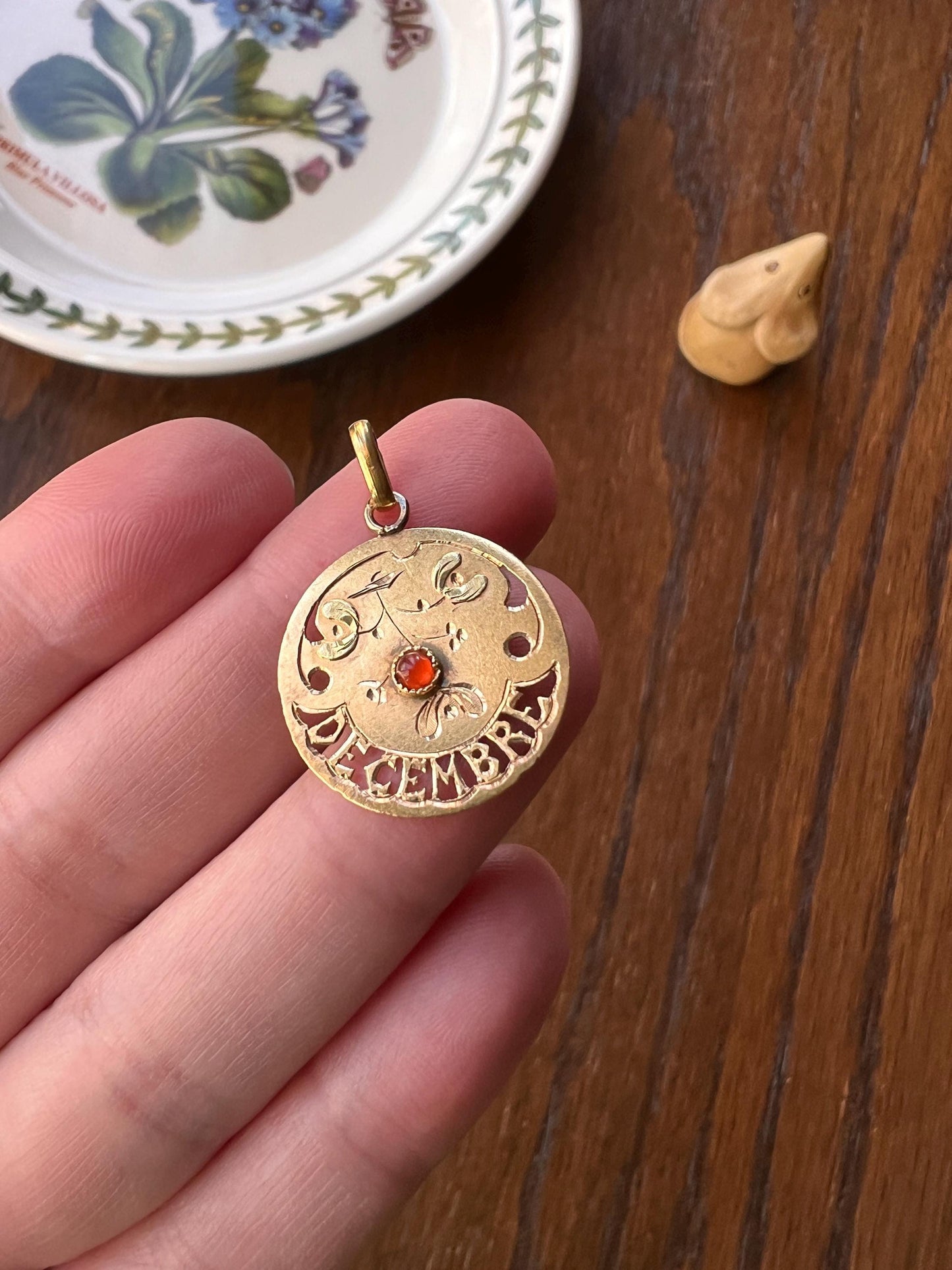 DECEMBER Floral MISTLETOE French Antique Birthday Month 18k Gold Pendant Paste Garnet Belle Epoque Love Token Medal Christmas Holiday Gift