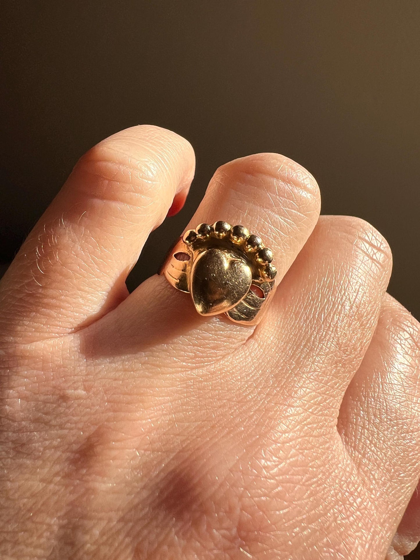 Antique Bague de Foi French Regional Ring FEDE Hands 18k GOLD Folk Victorian Wide Band Big Heart True Love Faithful 7 Days of Week Rare Gift