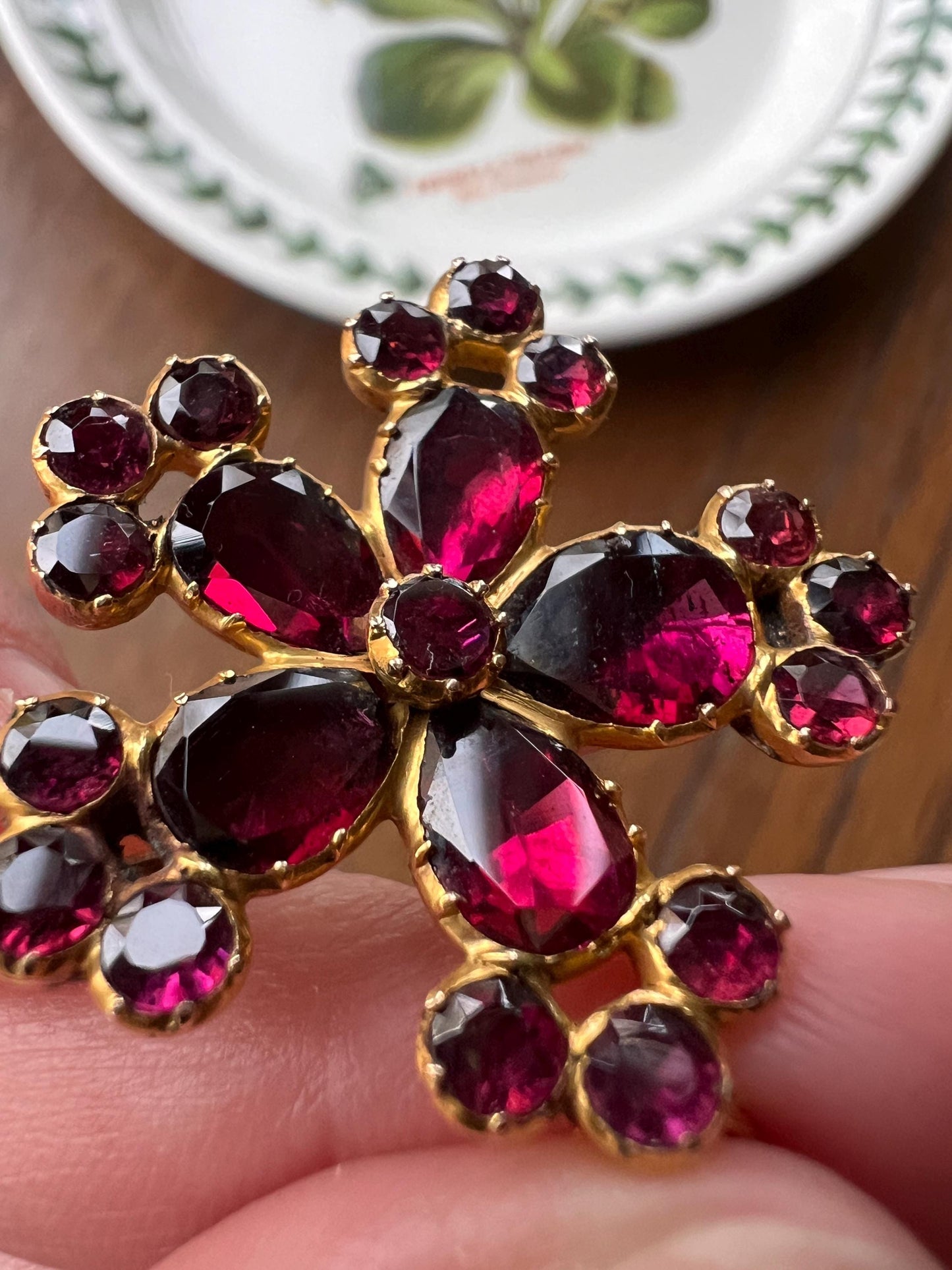 FLORAL Large Georgian Era Foiled Flat Cut GARNET Pendant Rose Cut Pear Teardrop 10k Gold Glowing Purple Red Necklace Romantic Gift Victorian