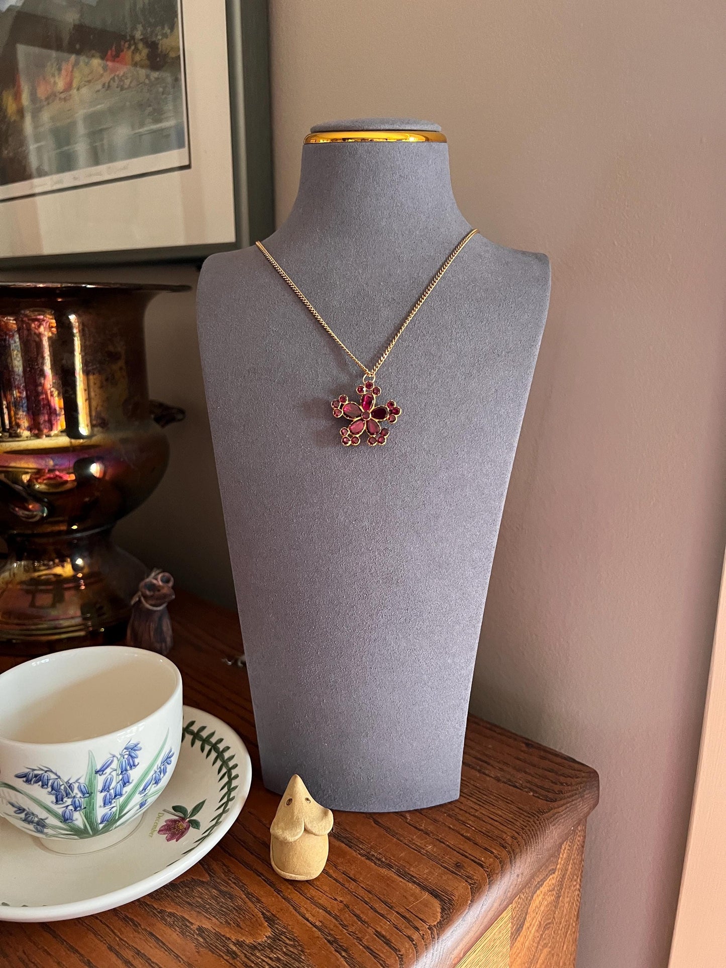 FLORAL Large Georgian Era Foiled Flat Cut GARNET Pendant Rose Cut Pear Teardrop 10k Gold Glowing Purple Red Necklace Romantic Gift Victorian