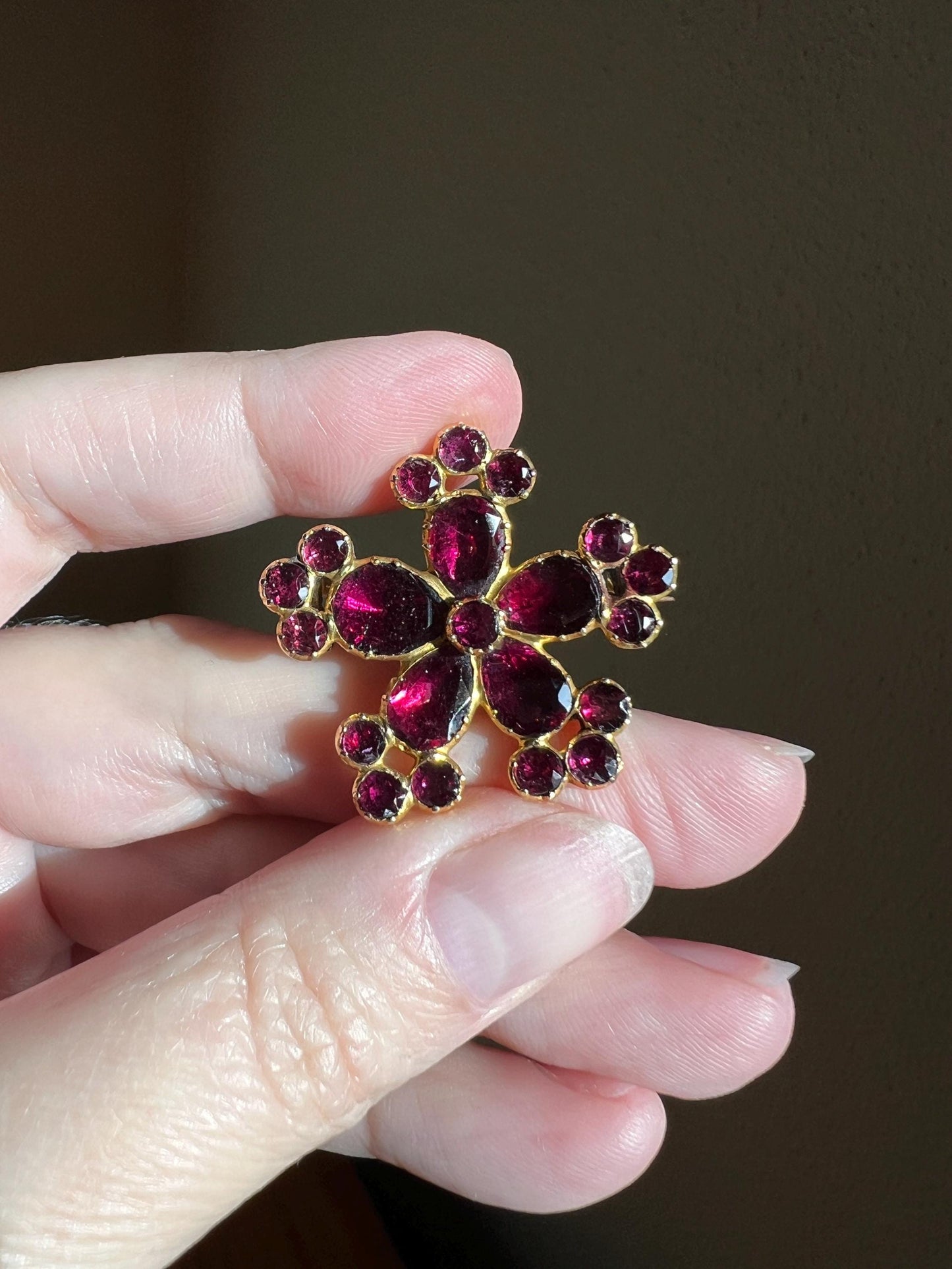 FLORAL Large Georgian Era Foiled Flat Cut GARNET Pendant Rose Cut Pear Teardrop 10k Gold Glowing Purple Red Necklace Romantic Gift Victorian