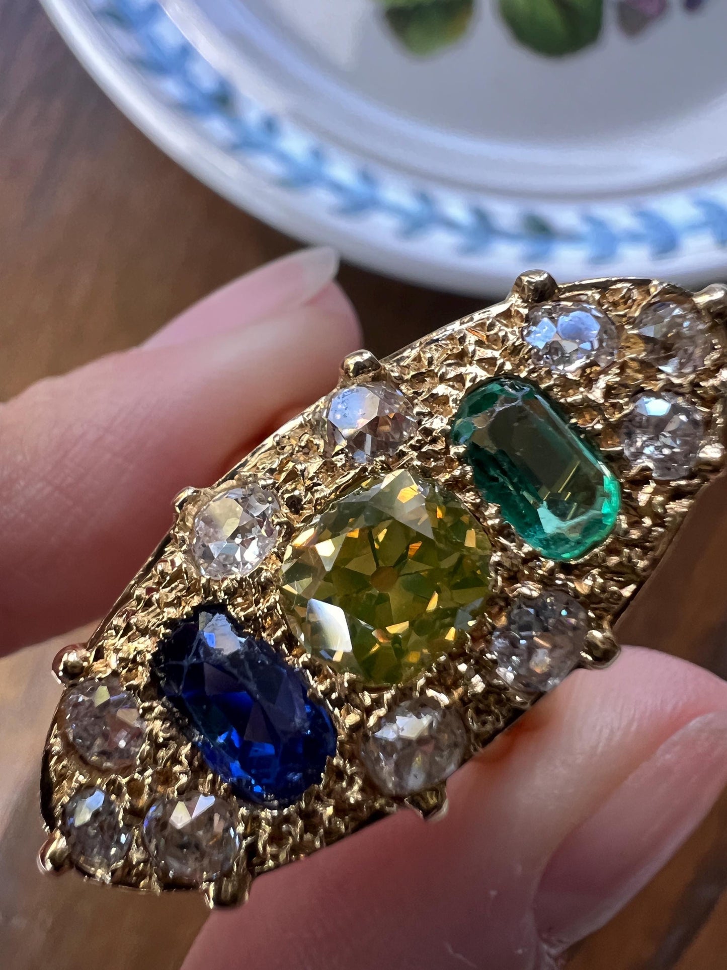Unique French Vintage Navette Ring 1.25 Carat Antique Eye Clean Fancy Intense Greenish YELLOW Old Mine Cut DIAMOND 2.35 Tdw Emerald Sapphire