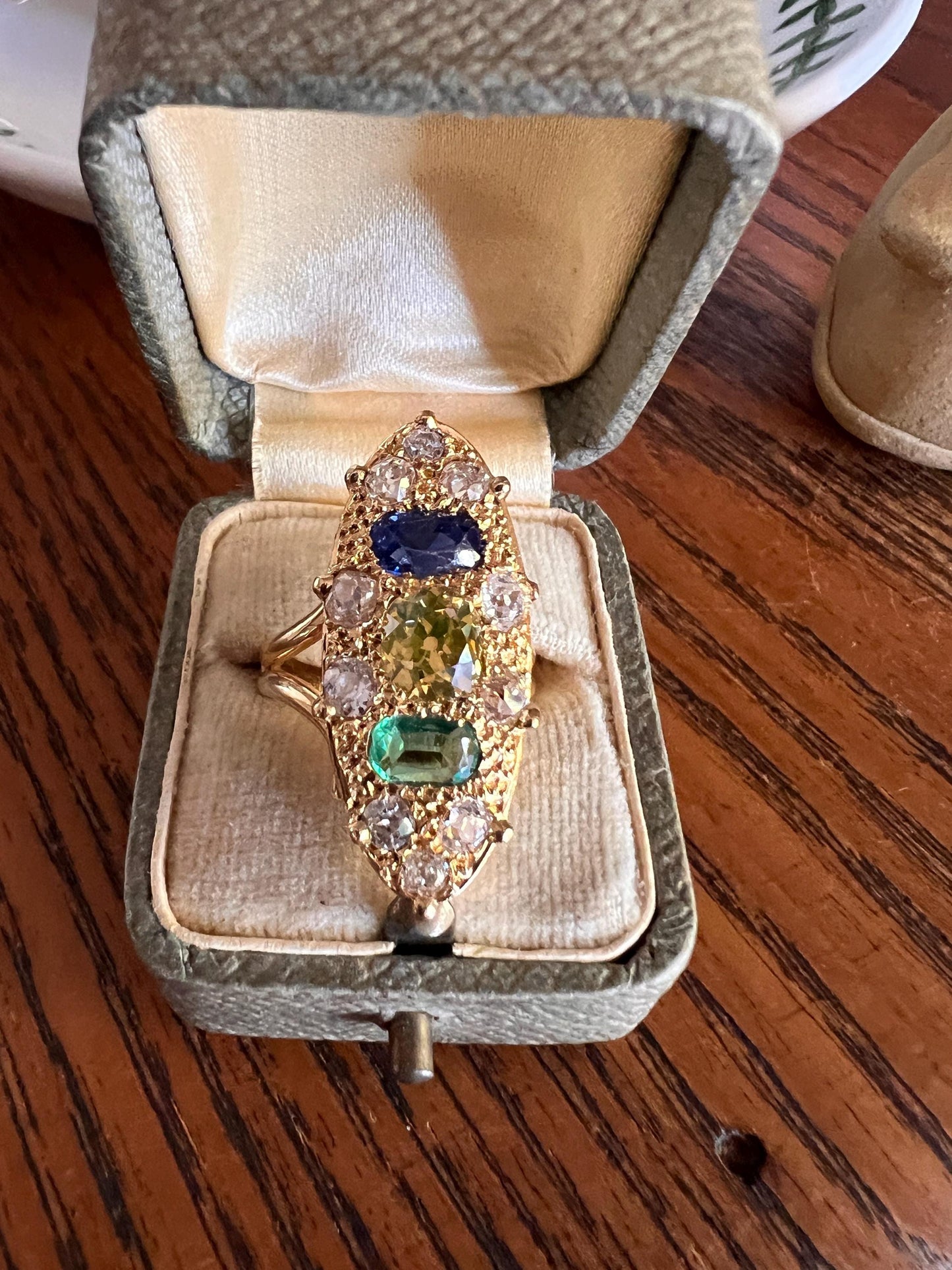 Unique French Vintage Navette Ring 1.25 Carat Antique Eye Clean Fancy Intense Greenish YELLOW Old Mine Cut DIAMOND 2.35 Tdw Emerald Sapphire