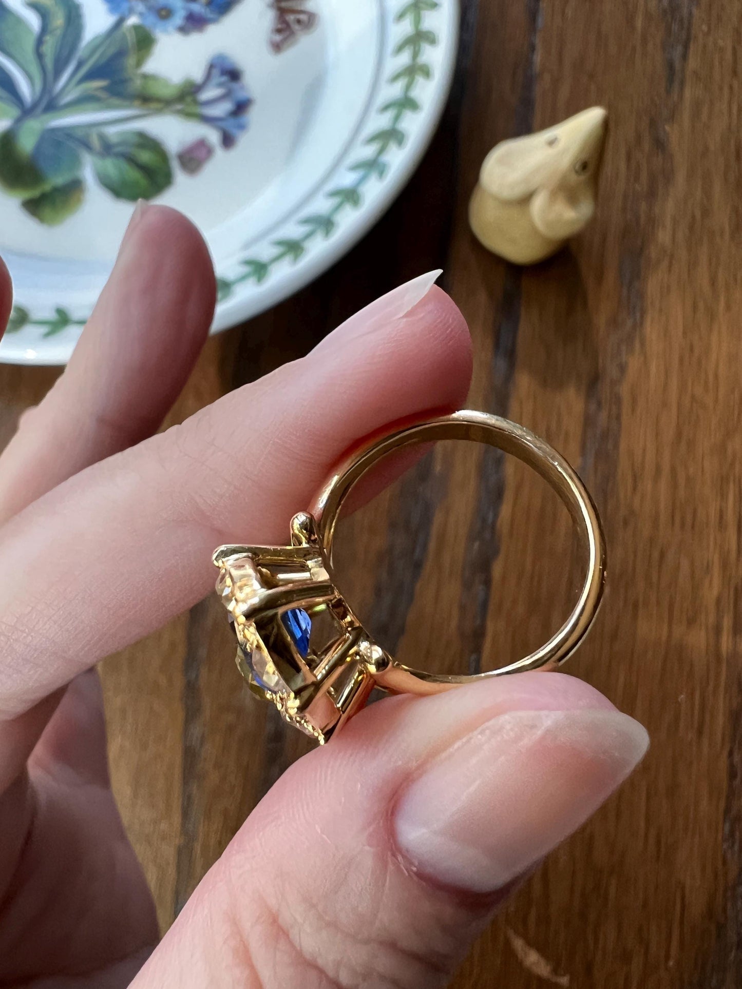 Unique French Vintage Navette Ring 1.25 Carat Antique Eye Clean Fancy Intense Greenish YELLOW Old Mine Cut DIAMOND 2.35 Tdw Emerald Sapphire