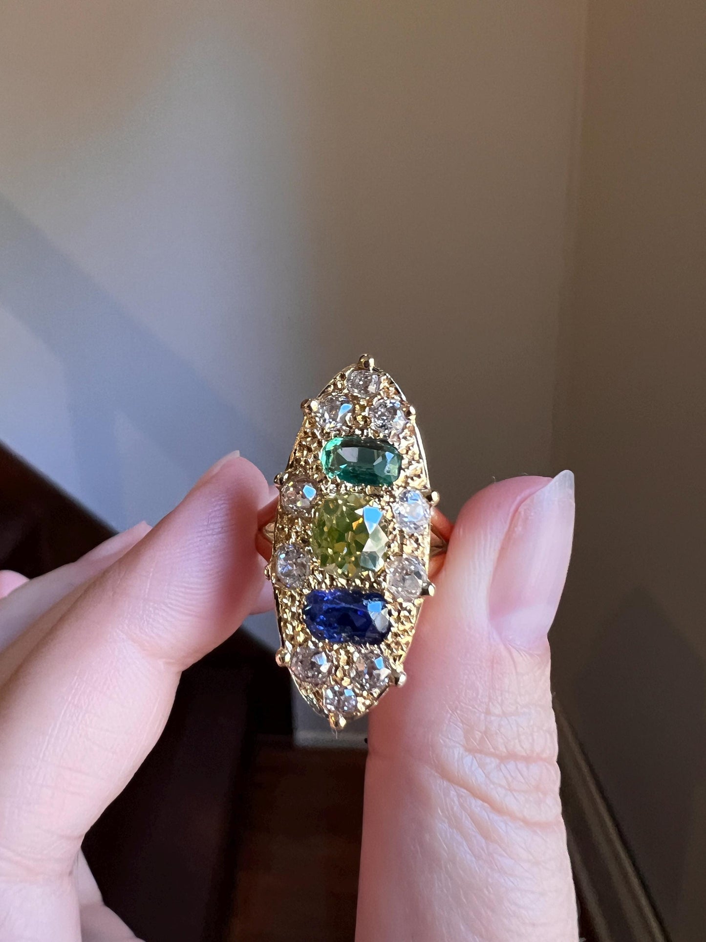 Unique French Vintage Navette Ring 1.25 Carat Antique Eye Clean Fancy Intense Greenish YELLOW Old Mine Cut DIAMOND 2.35 Tdw Emerald Sapphire