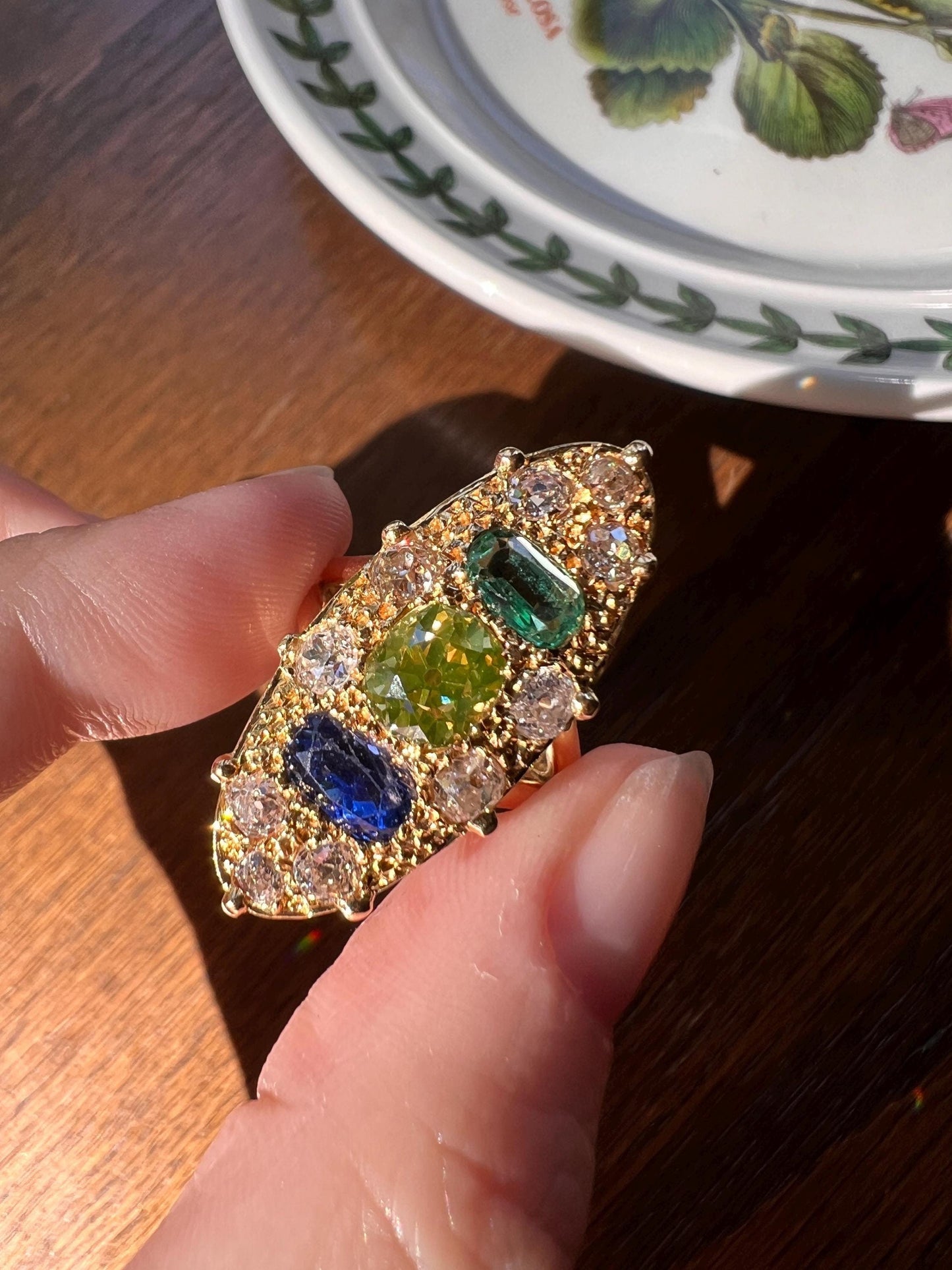 Unique French Vintage Navette Ring 1.25 Carat Antique Eye Clean Fancy Intense Greenish YELLOW Old Mine Cut DIAMOND 2.35 Tdw Emerald Sapphire