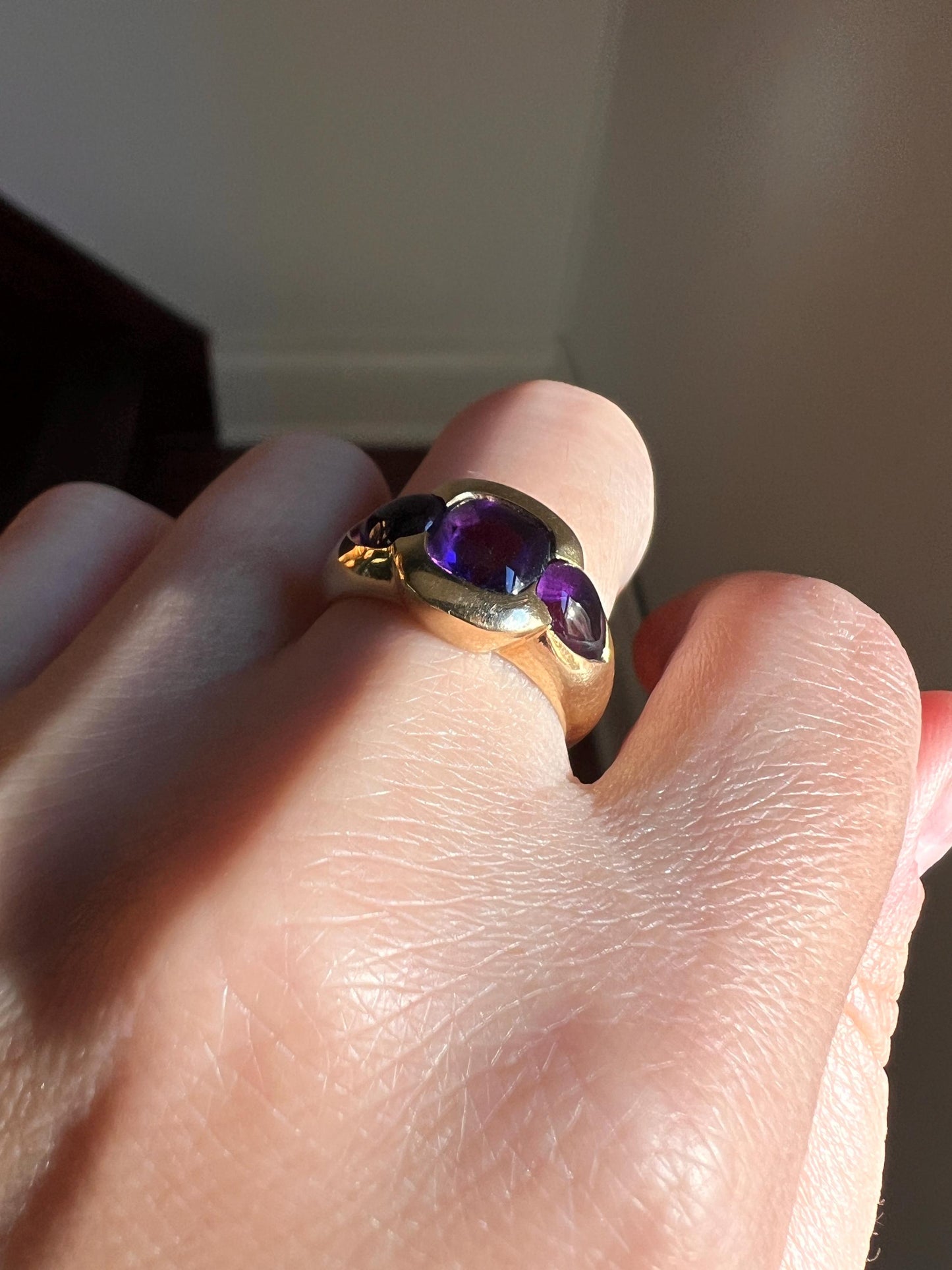 GUMDROPS Vintage Purple Amethyst Three Stone Gypsy Ring 18k Gold French Glowing Cabochon Wide Band Chunky Domed Stacker Retro Ringstack