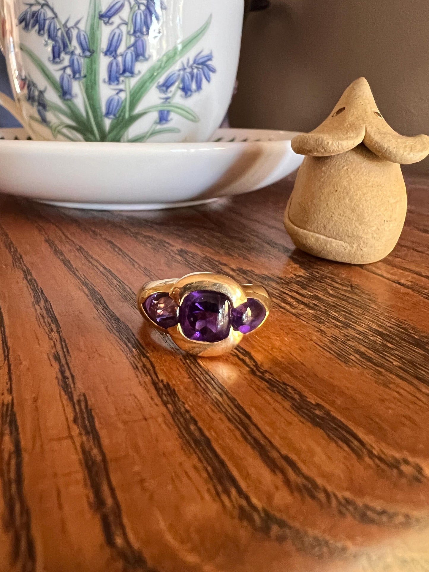 GUMDROPS Vintage Purple Amethyst Three Stone Gypsy Ring 18k Gold French Glowing Cabochon Wide Band Chunky Domed Stacker Retro Ringstack