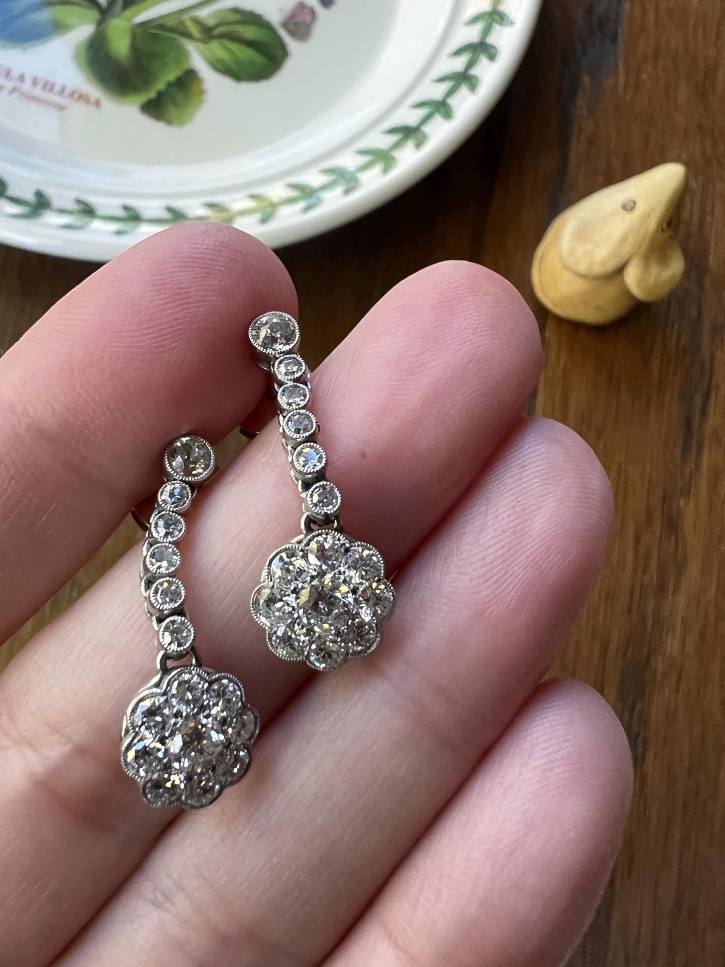 French Antique 1.3 Carat Old Mine Transitional Cut DIAMOND Daisy Cluster Dangle Earrings 18k Gold Platinum Drop Bridal Something Old OmC