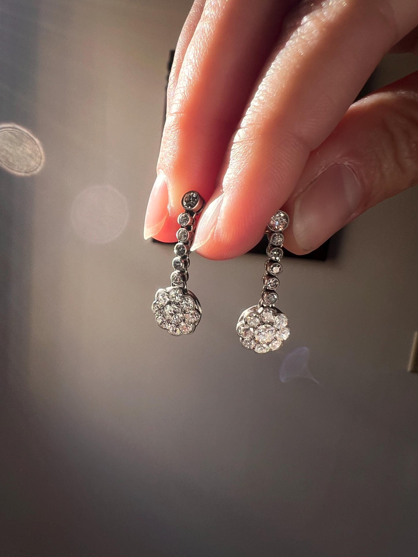 French Antique 1.3 Carat Old Mine Transitional Cut DIAMOND Daisy Cluster Dangle Earrings 18k Gold Platinum Drop Bridal Something Old OmC