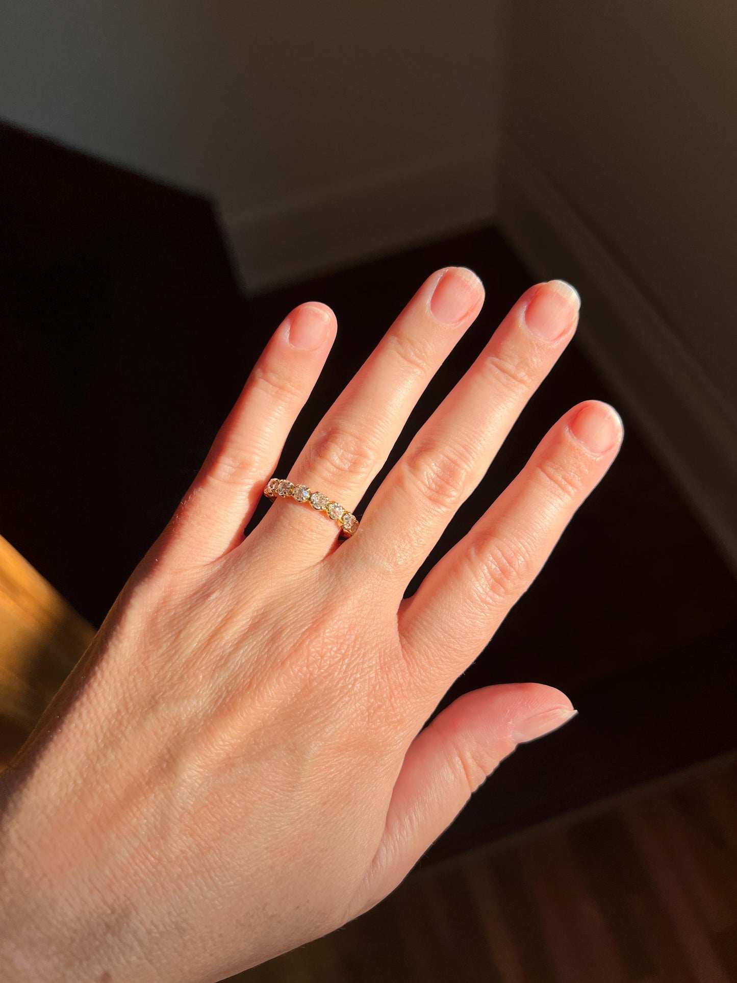 French Antique 18k Gold 1 CARAT Nine Stone Old Mine Cut DIAMOND Ring Skinny Half Hoop Wedding Band Stacker Victorian Romantic Gift 1Ctw. OmC