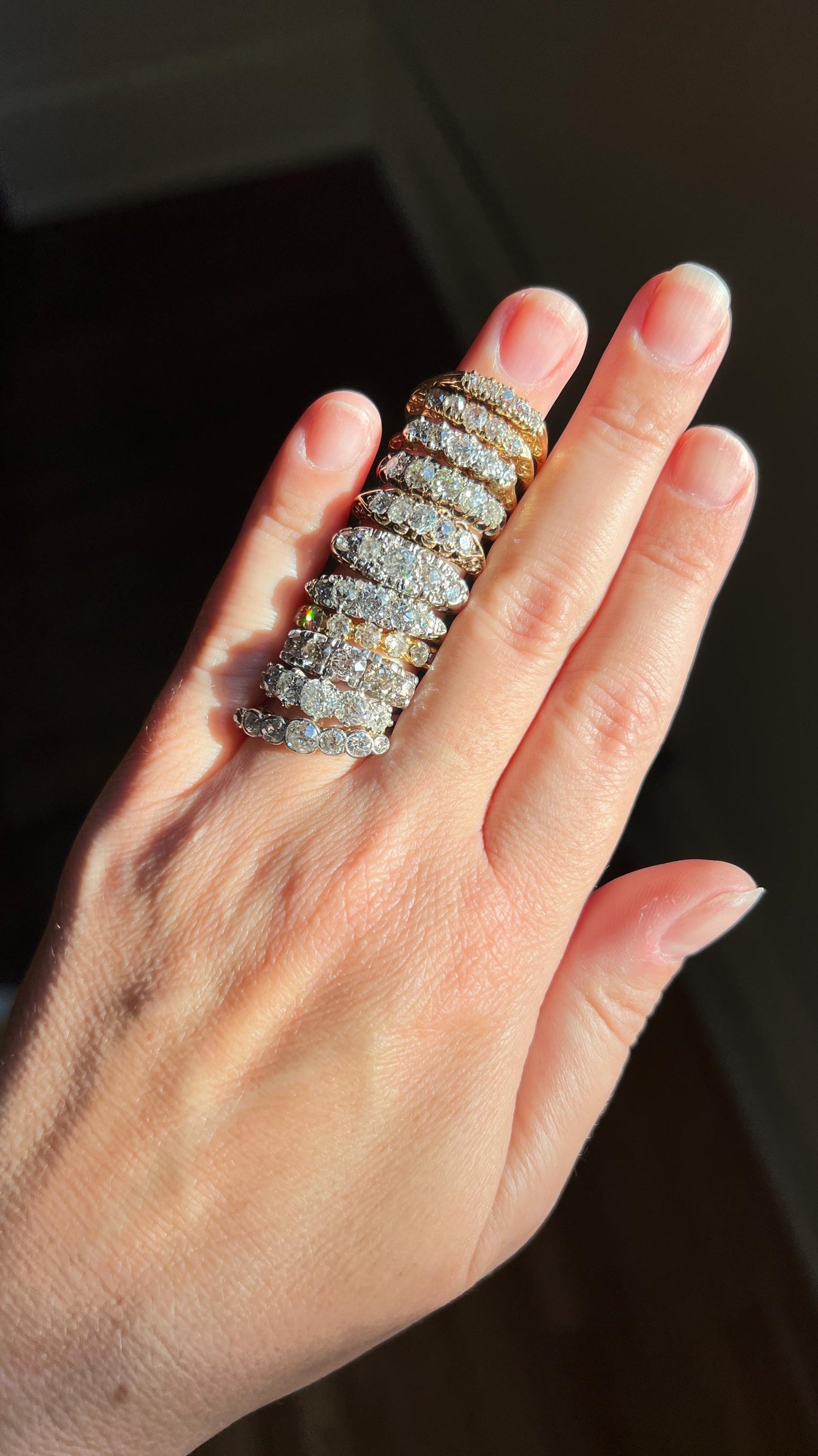 French Antique 18k Gold 1 CARAT Nine Stone Old Mine Cut DIAMOND Ring Skinny Half Hoop Wedding Band Stacker Victorian Romantic Gift 1Ctw. OmC