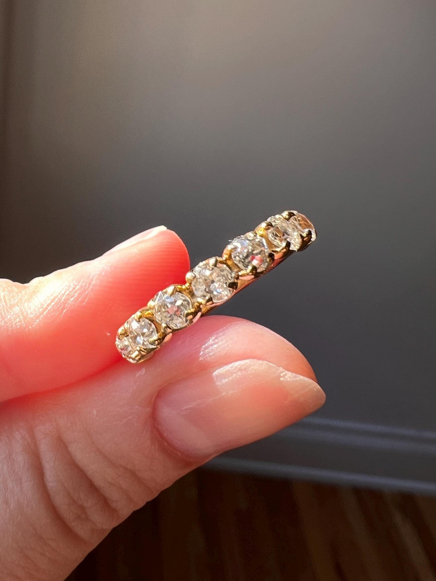 French Antique 18k Gold 1 CARAT Nine Stone Old Mine Cut DIAMOND Ring Skinny Half Hoop Wedding Band
