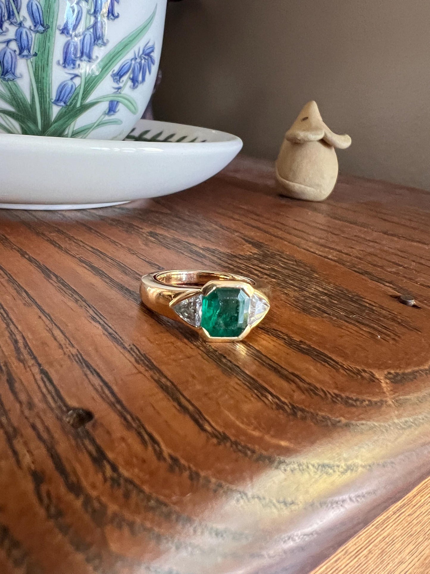 Vintage .85 Ct Trillion Cut Diamond Green Octagonal EMERALD Art Deco Three Stone Gypsy Ring HEAVY French 18k Gold Wide Band Natural Triangle