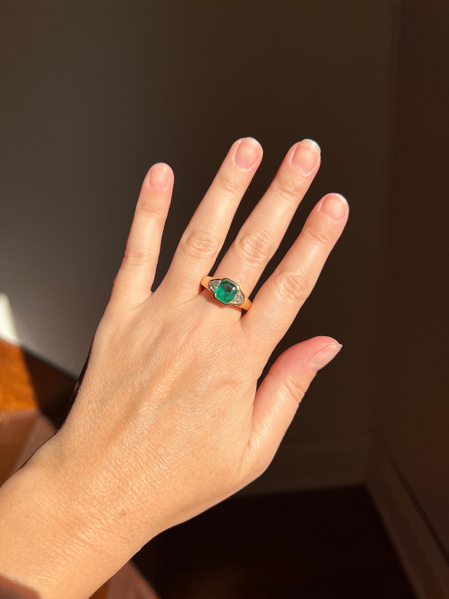 Vintage .85 Ct Trillion Cut Diamond Green Octagonal EMERALD Art Deco Three Stone Gypsy Ring HEAVY French 18k Gold Wide Band Natural Triangle