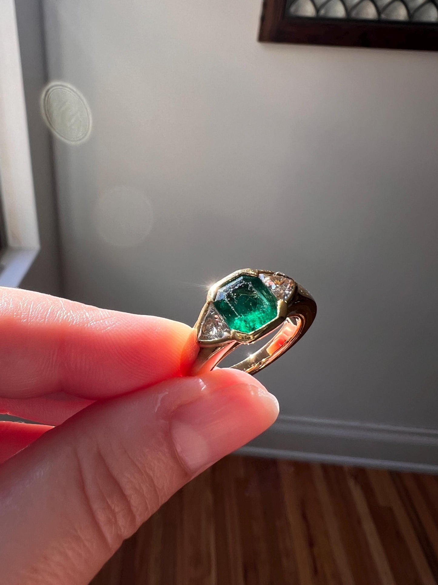 Vintage .85 Ct Trillion Cut Diamond Green Octagonal EMERALD Art Deco Three Stone Gypsy Ring HEAVY French 18k Gold Wide Band Natural Triangle