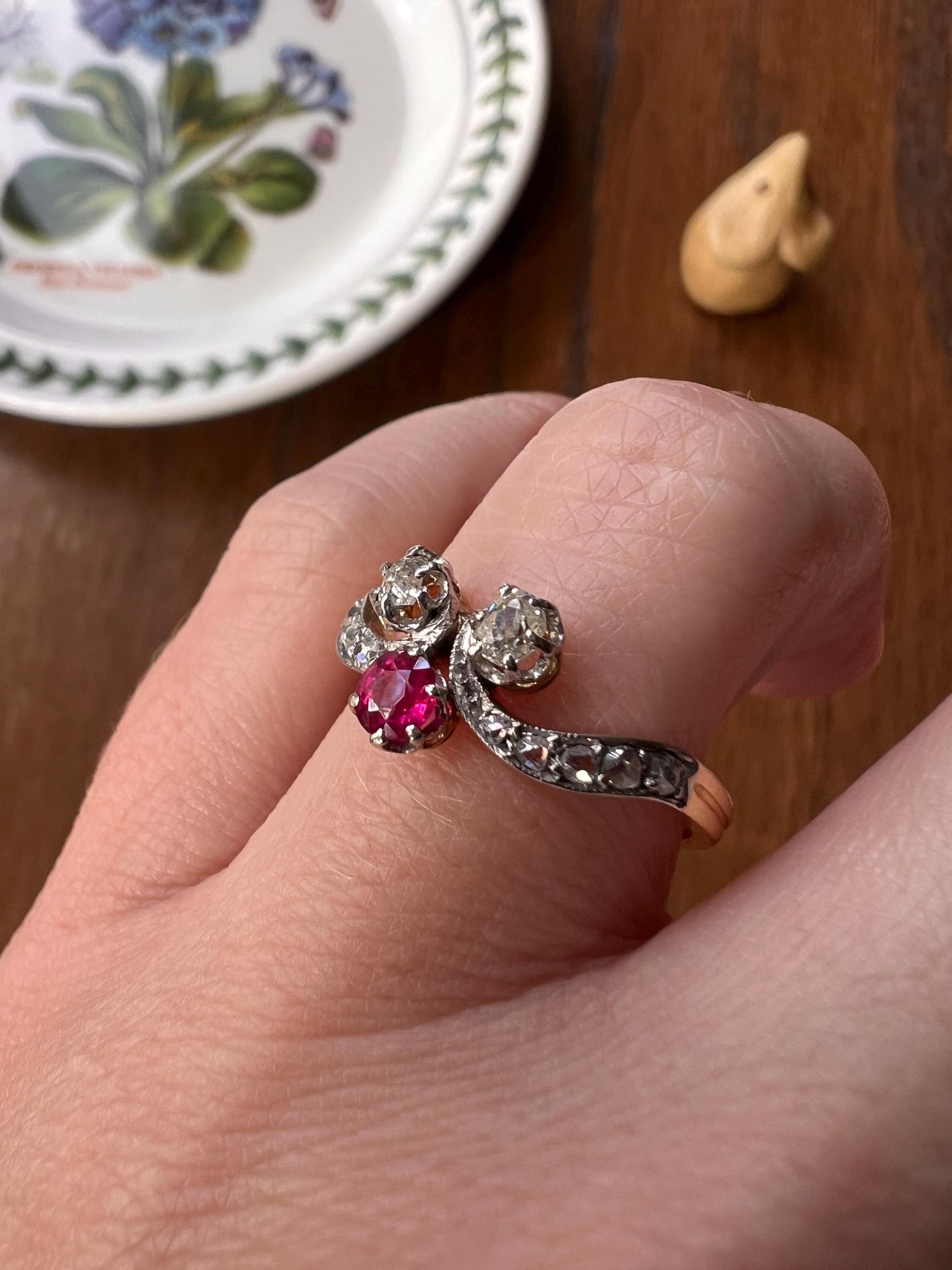 RUBY Old Mine Rose Cut DIAMOND French Belle Epoque Antique TIARA Ring 18k Gold Scroll Swirl Stacker Art Nouveau Romantic Gift Duchess OmC