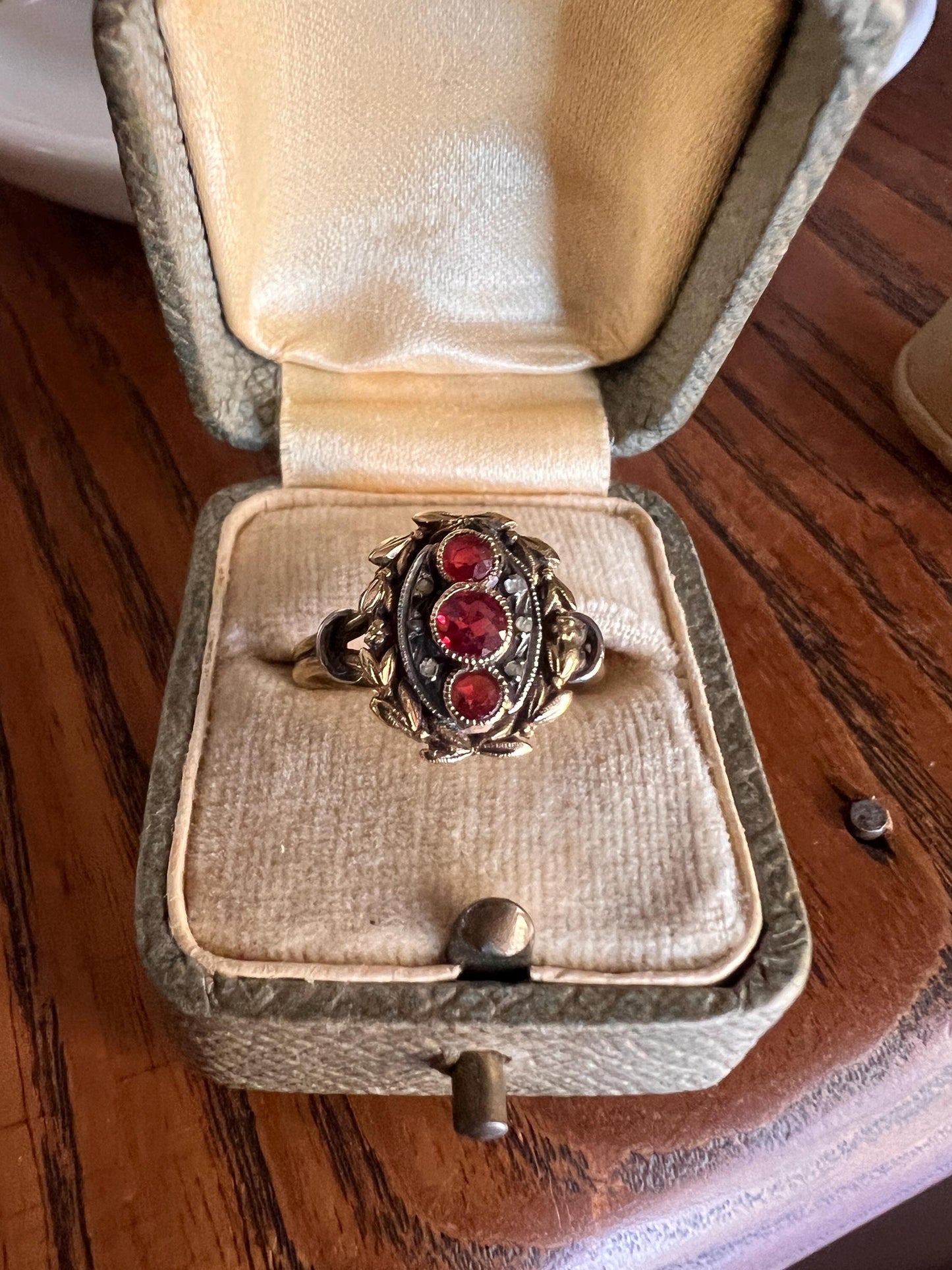 Belle Epoque GARLAND Floral HALO Ring French Art Nouveau 18k Gold Red Paste Ruby Rose Cut DIAMOND Figural Forget Me Not Bow Romantic Gift