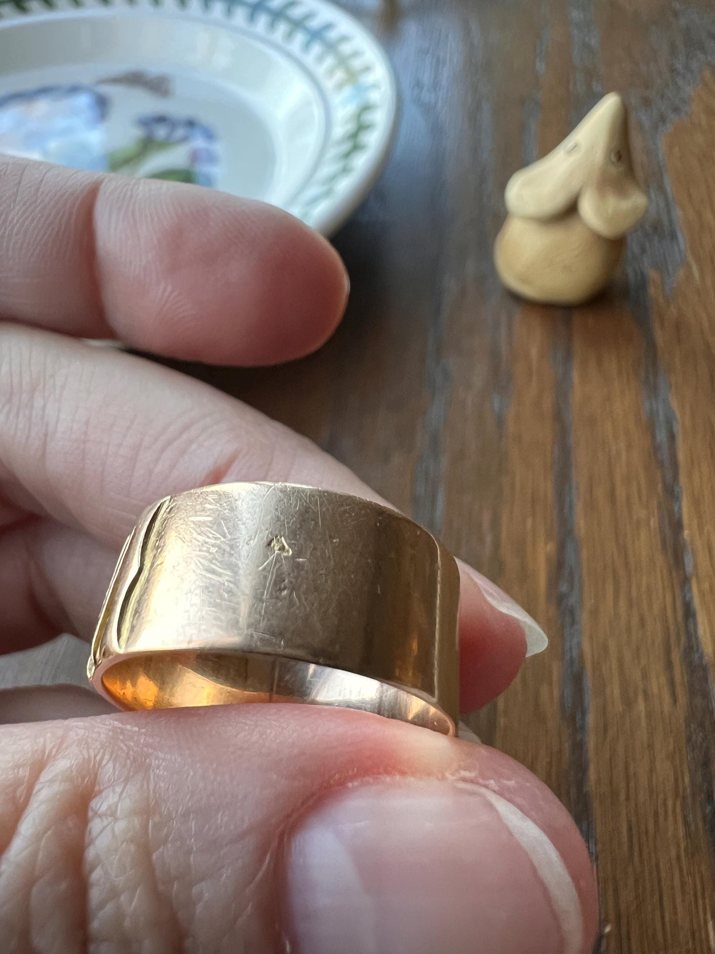 Victorian Antique M W INITIAL 8.6mm Wide Cigar Band Ring 18k Gold French 1800s Hallmark Stacker Gift Chunky Pipe Cut Letter Mono Unisex Man
