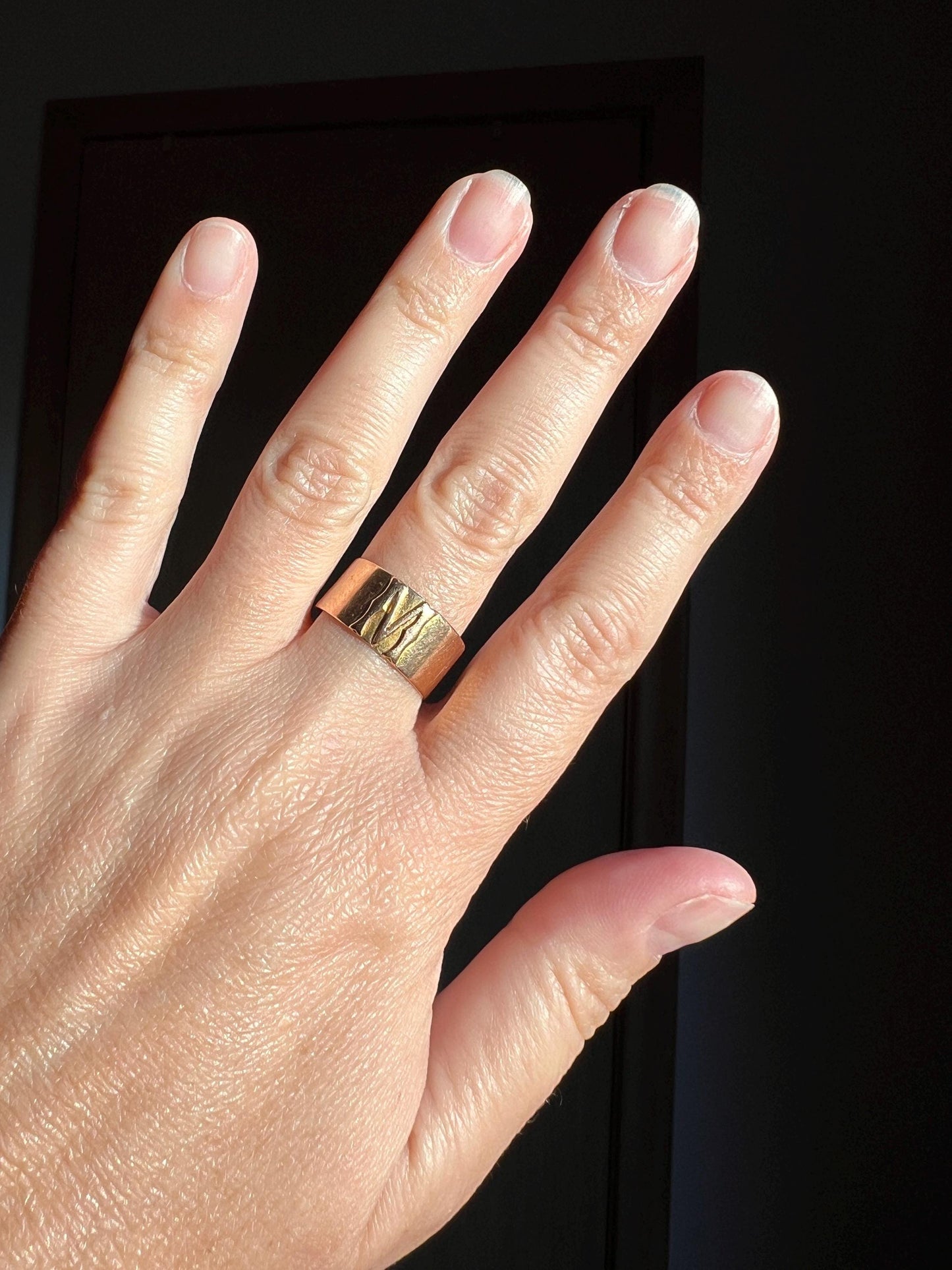Victorian Antique M W INITIAL 8.6mm Wide Cigar Band Ring 18k Gold French 1800s Hallmark Stacker Gift Chunky Pipe Cut Letter Mono Unisex Man