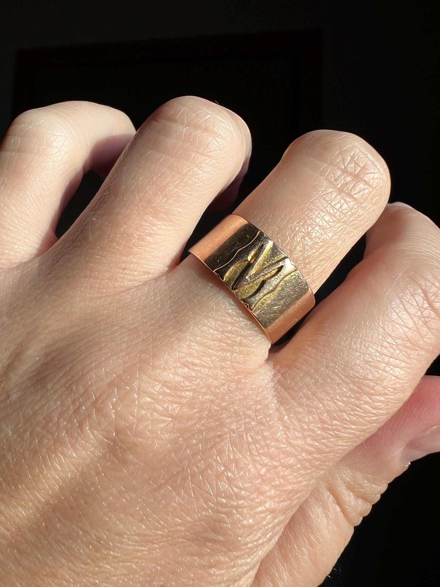 Victorian Antique M W INITIAL 8.6mm Wide Cigar Band Ring 18k Gold French 1800s Hallmark Stacker Gift Chunky Pipe Cut Letter Mono Unisex Man