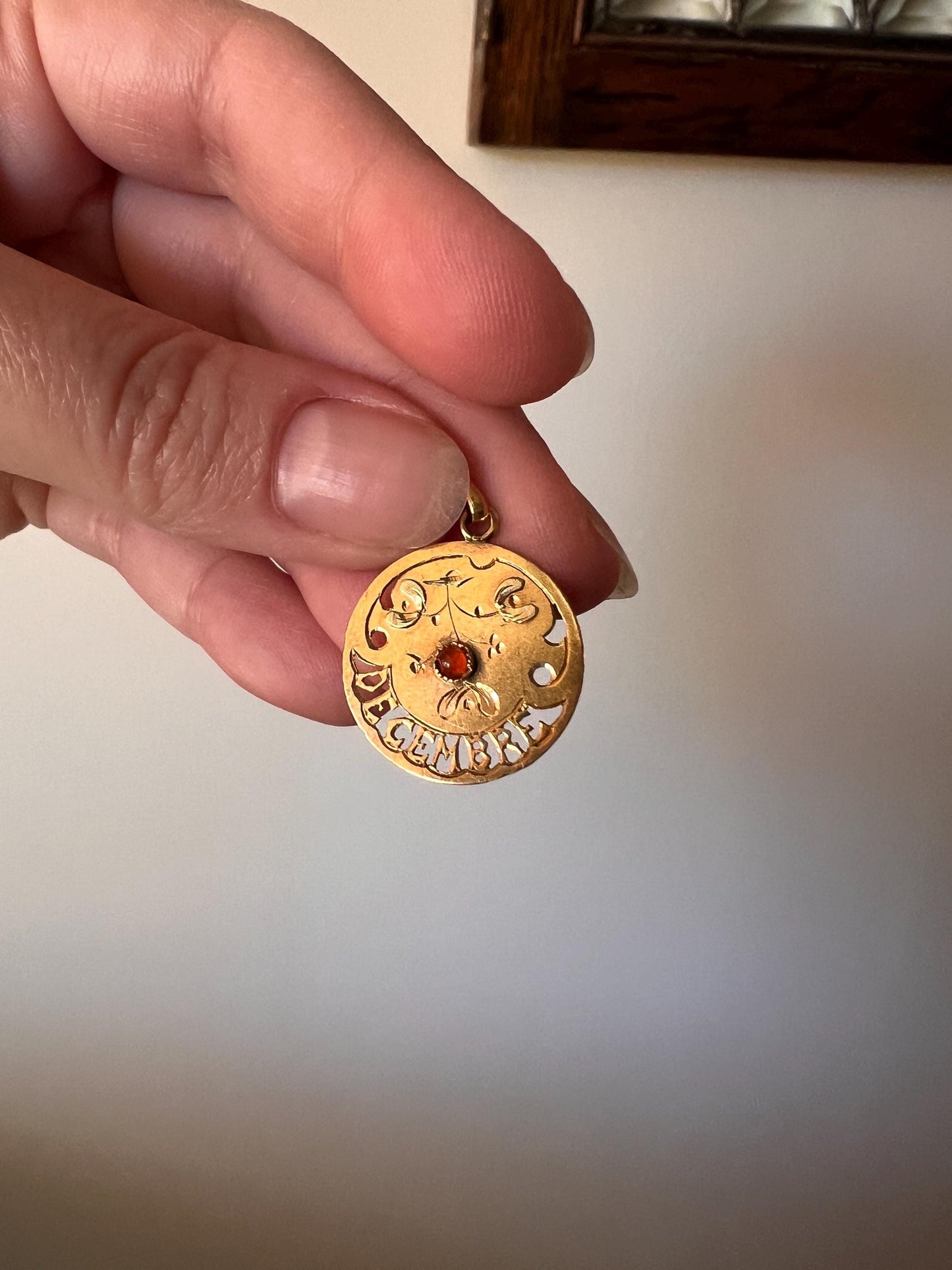 DECEMBER Floral MISTLETOE French Antique Birthday Month 18k Gold Pendant Paste Garnet Belle Epoque Love Token Medal Christmas Holiday Gift