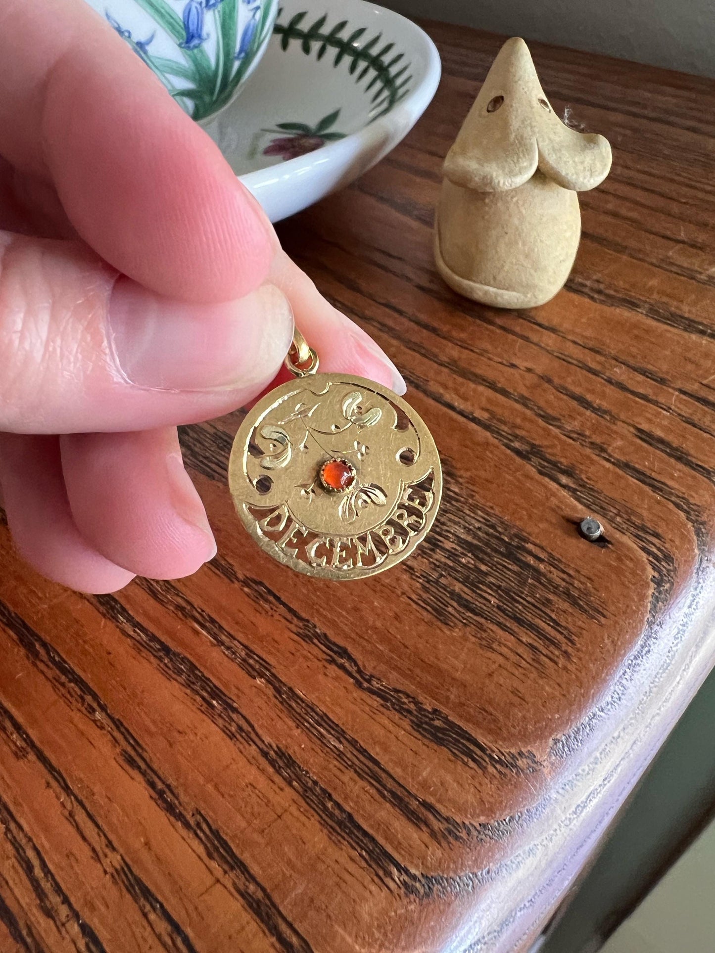 DECEMBER Floral MISTLETOE French Antique Birthday Month 18k Gold Pendant Paste Garnet Belle Epoque Love Token Medal Christmas Holiday Gift