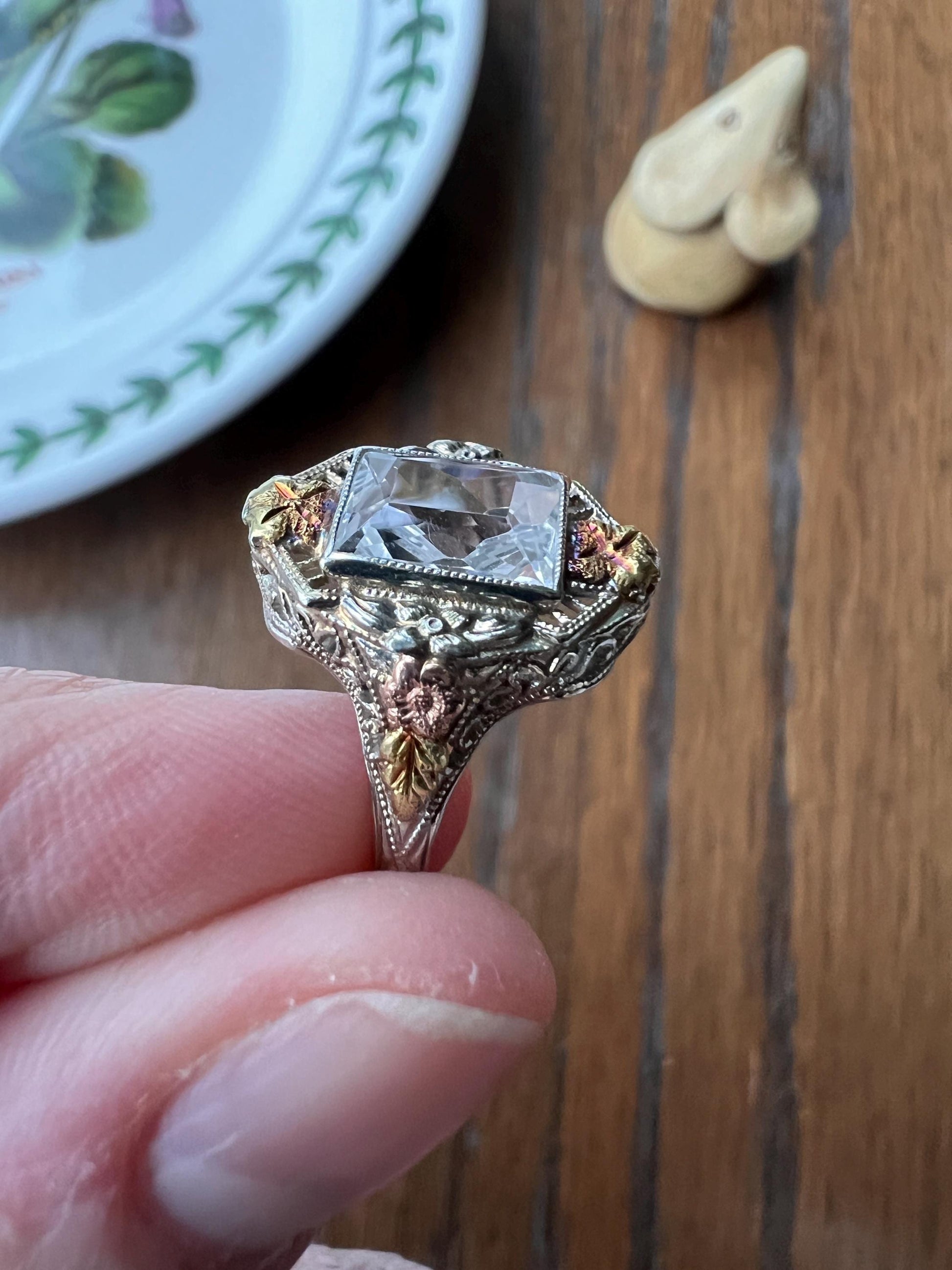 Ornate Filigree OSTBY Barton Ring ANTIQUE Pale Blue TOPAZ 10k Tricolor Gold Rose White Green Forget Me Not Titanic French Cut Gift Edwardian